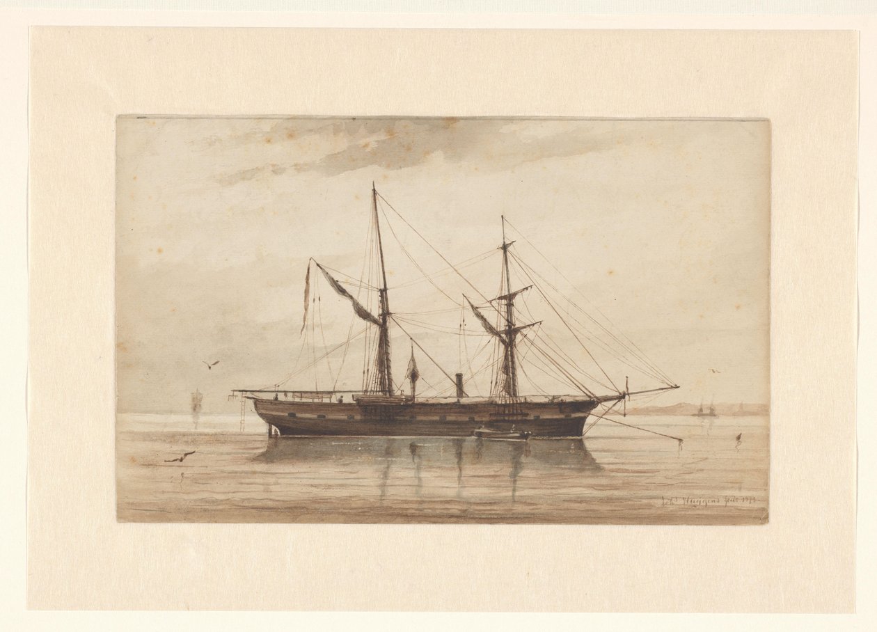 Segelschiff vor Anker in ruhigem Wasser von Johannes Huygens (signed by artist)