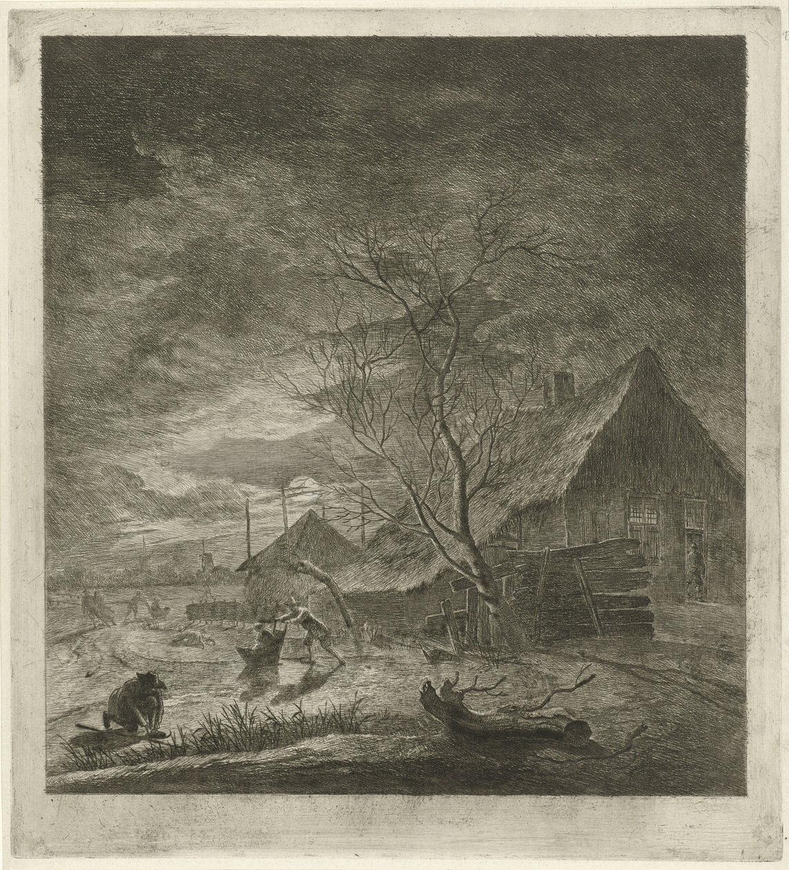 Nachtlandschaft mit Bauernhof und Schlittschuhläufern von Johannes Janson