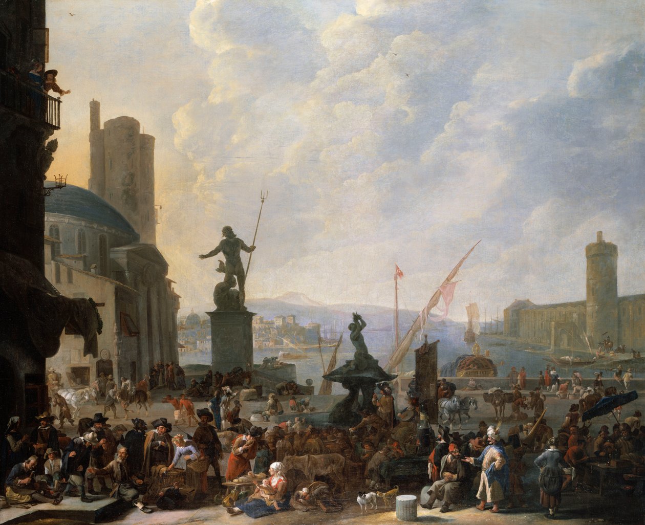 Ein Capriccio eines Mittelmeerhafens mit Berninis Tritonbrunnen und ein Capriccio des Palais du Louvre, 1651 von Johannes Lingelbach