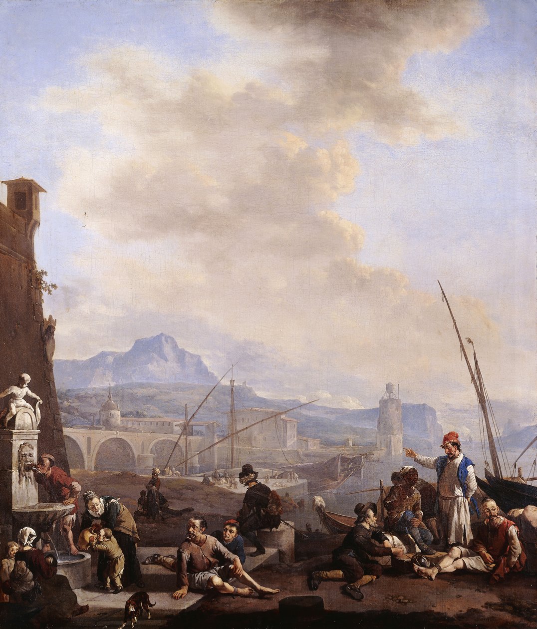 Ein Mittelmeerhafen mit einem Mann, der an einem Brunnen trinkt, Galeerensklaven, Kaufleuten und Hafenarbeitern von Johannes Lingelbach