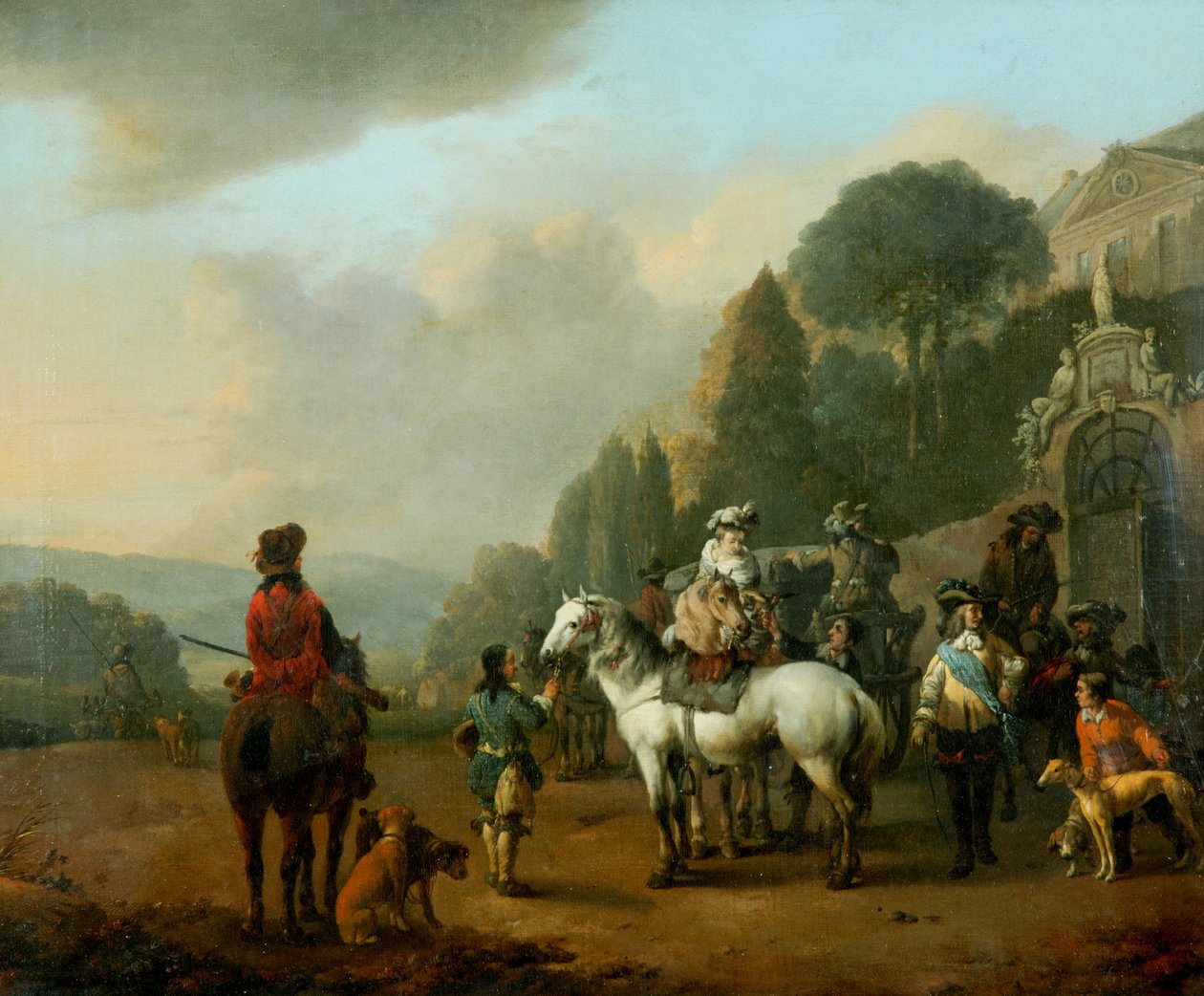 Eine Gruppe von Falknern vor den Toren eines Schlosses von Johannes Lingelbach