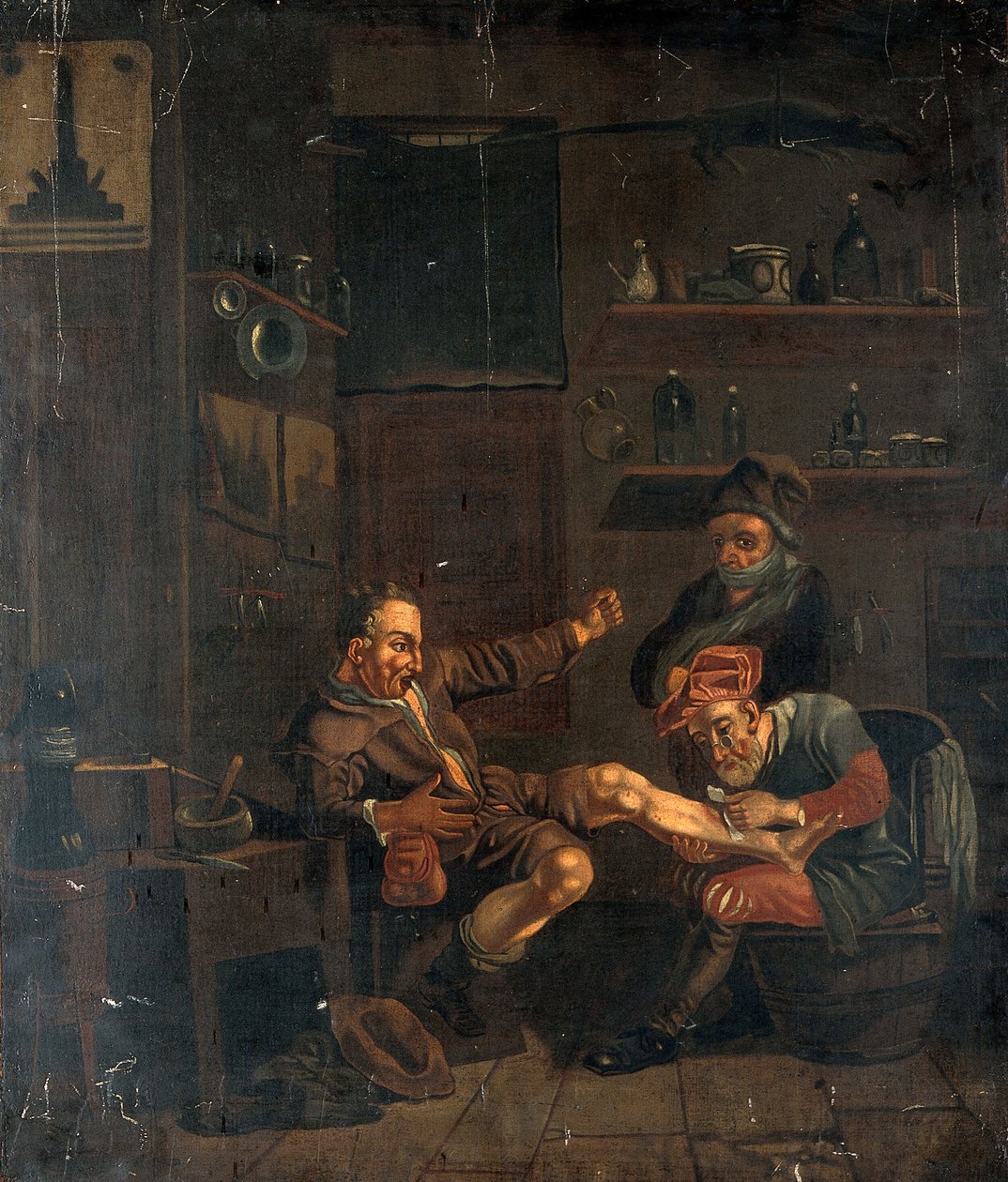 Ein Chirurg behandelt den Fuß eines Mannes. Ölmalerei nach einer Komposition, die Johannes Lingelbach zugeschrieben wird. von Johannes Lingelbach