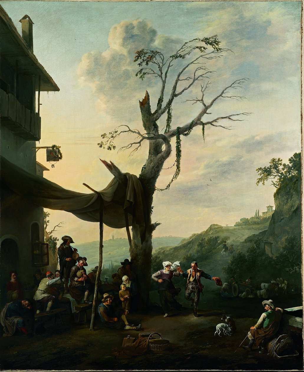 Gebirgslandschaft mit tanzenden und musizierenden Bauern vor einem Gasthaus von Johannes Lingelbach