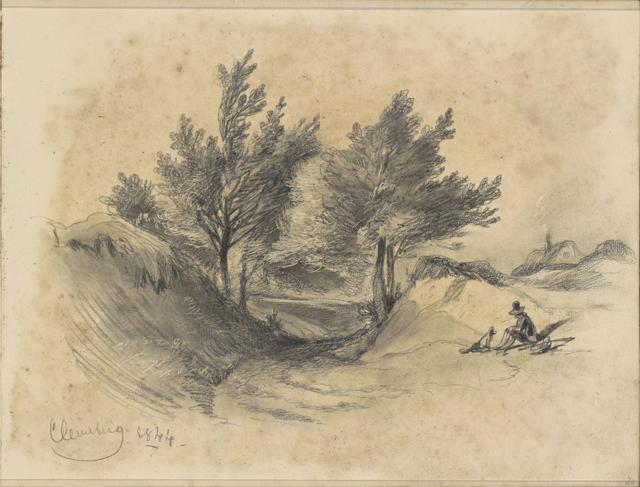 Heidelandschaft bei Cleverberg mit einem sitzenden Mann mit Hund von Johannes Tavenraat