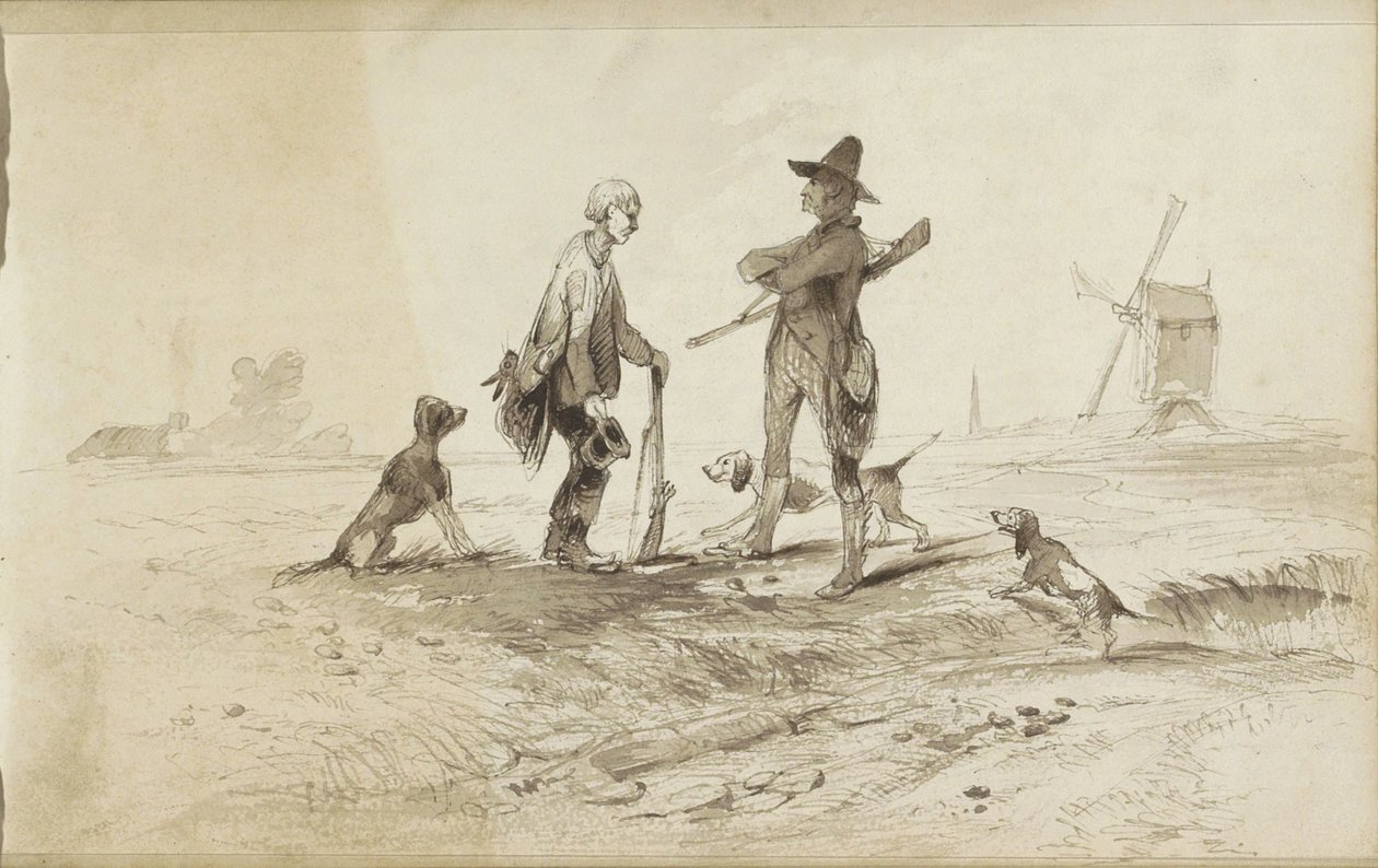 Jäger mit Hunden in einer Landschaft mit einer Mühle von Johannes Tavenraat