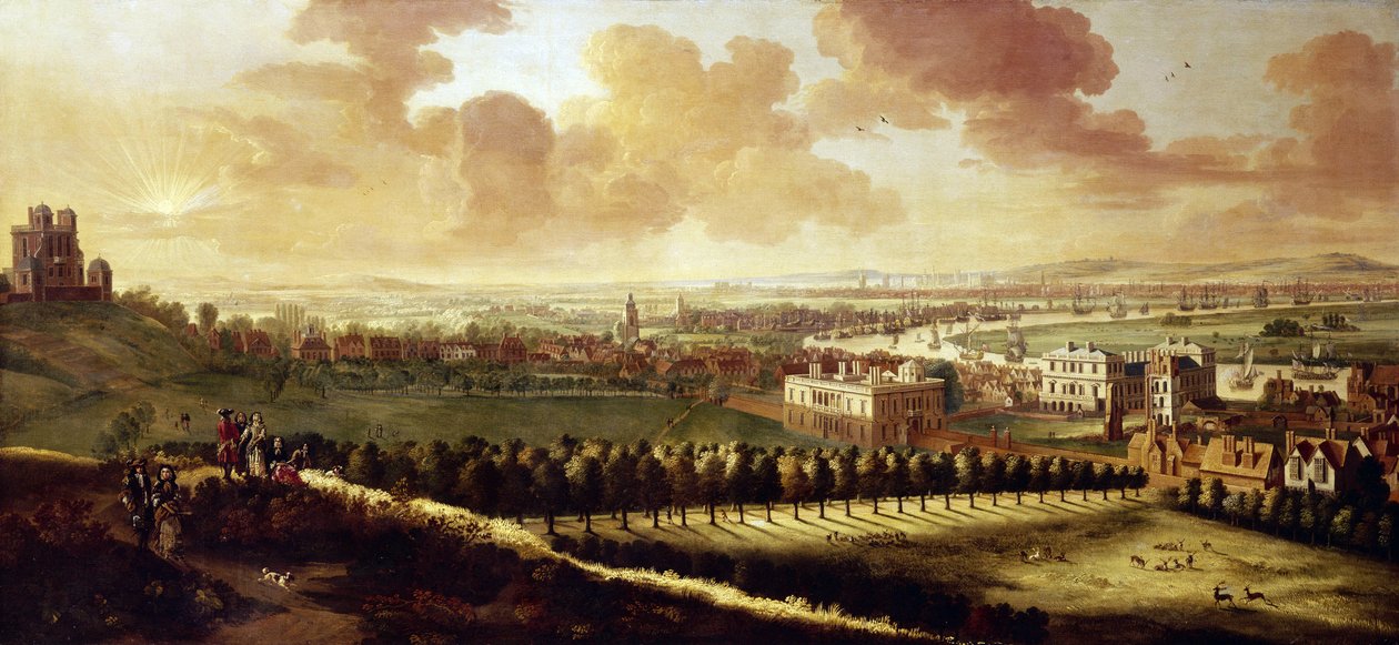 Blick auf Greenwich und London (England), circa 1680, mit dem Royal Observatory links, in der Mitte das Queen