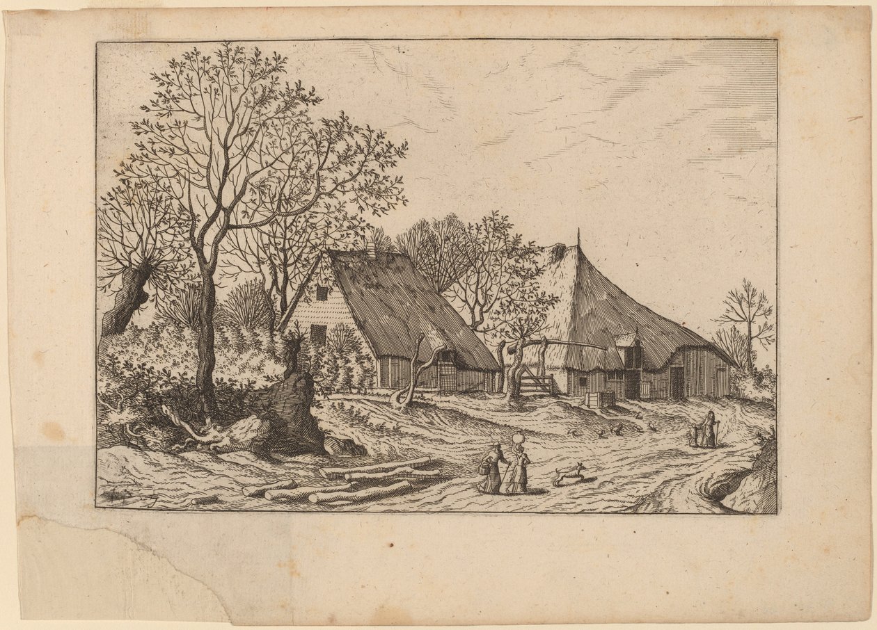 Bauernhof mit Schuppen und Ziehbrunnen von Johannes and Lucas van Doetechum after Master of the Small Landscapes