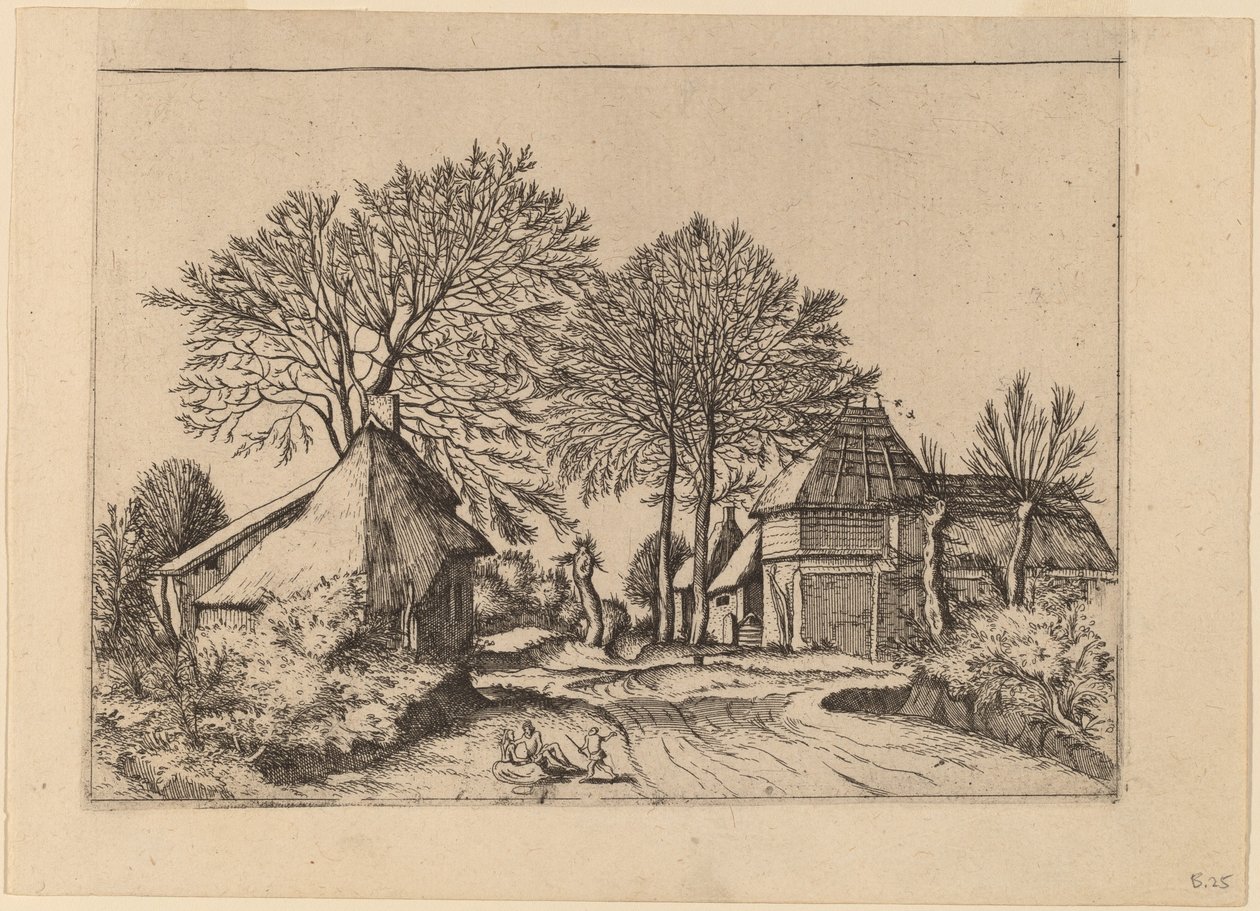 Straße mit Scheune und Hütten von Johannes and Lucas van Doetechum after Master of the Small Landscapes