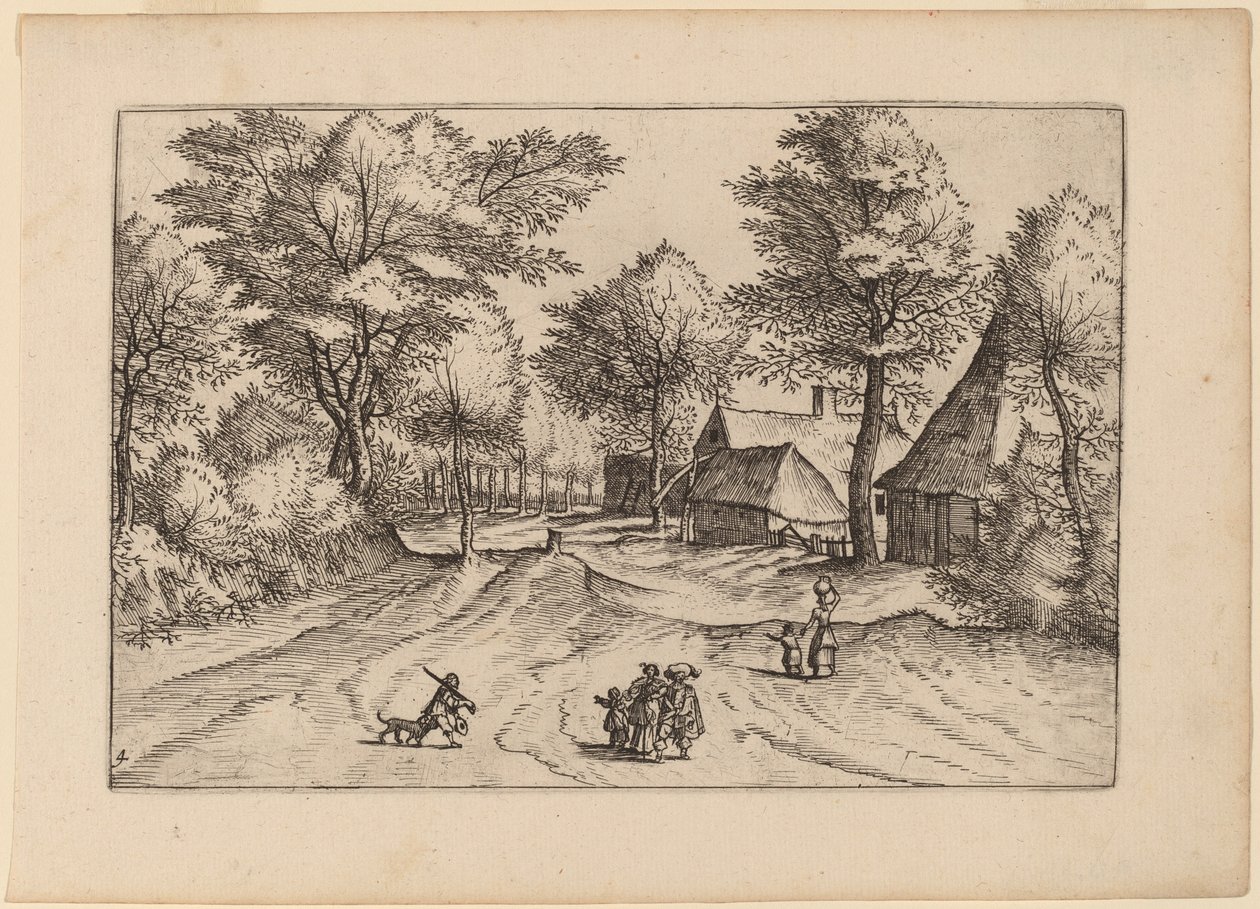 Dorfstraße mit Bauernhof und Schuppen von Johannes and Lucas van Doetechum after Master of the Small Landscapes