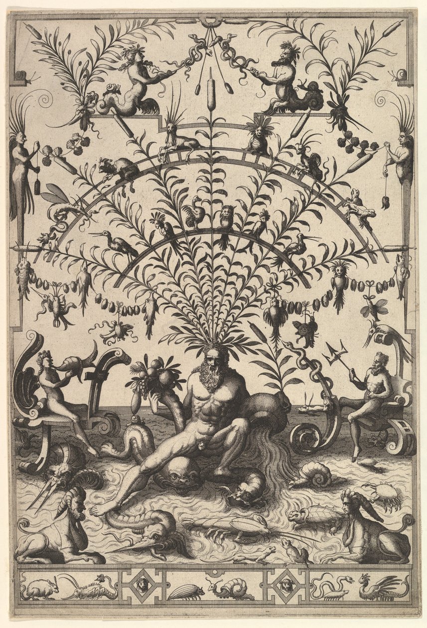 Moderne groteske Dekoration mit einem Flussgott, 1557 von Johannes van Doetecum I