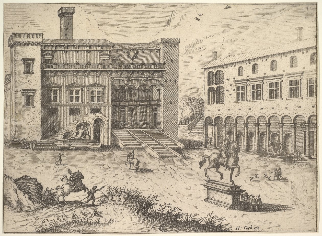 Ansicht des Campidoglio auf dem Kapitolinischen Hügel, mit Reiterstatue unten rechts, 1562 von Johannes van Doetecum I