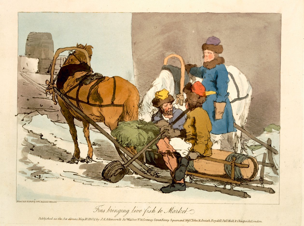 Fische bringen lebende Fische zum Markt, vom Künstler geätzt, veröffentlicht 1804 von John Augustus Atkinson