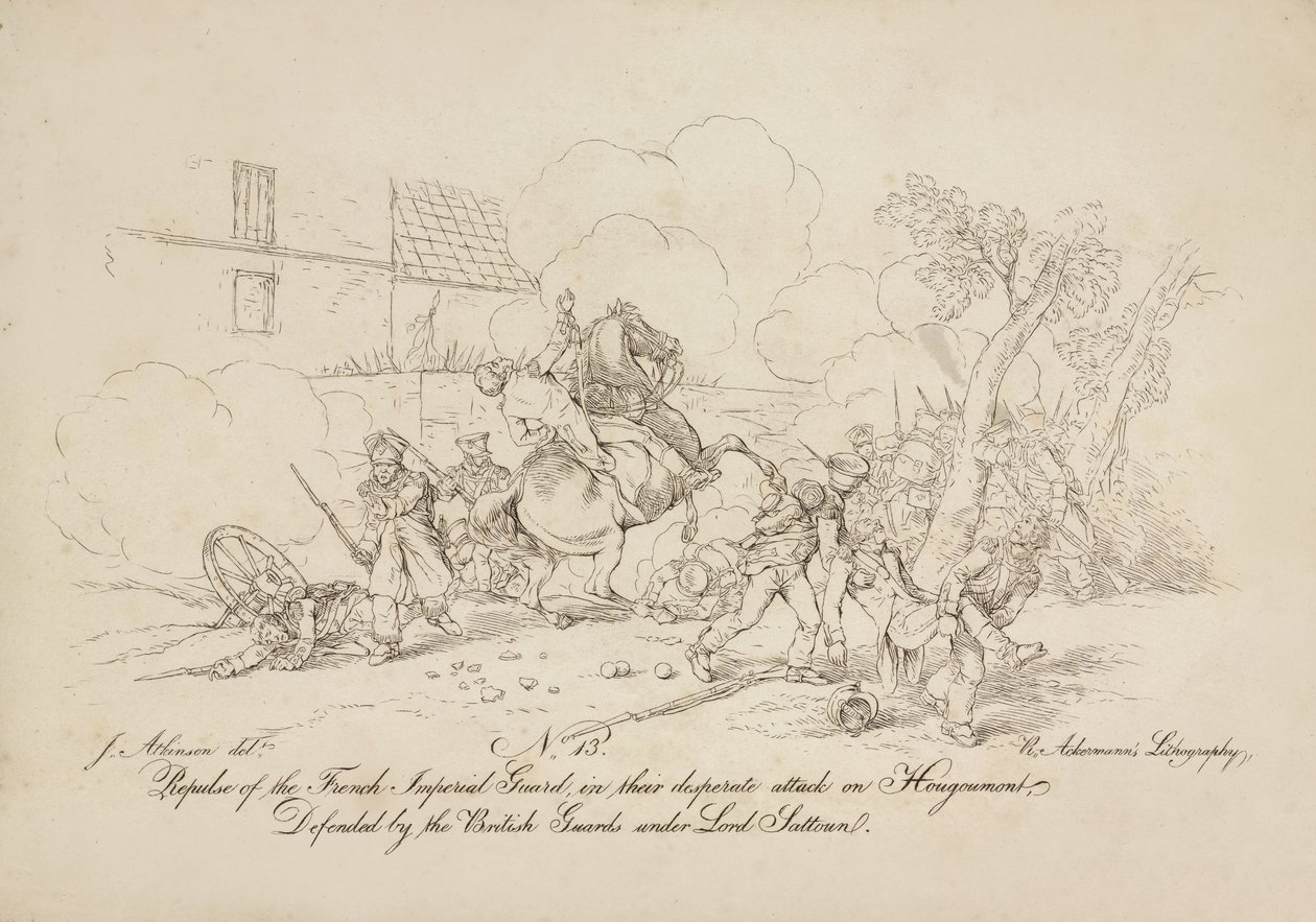 Abwehr der französischen kaiserlichen Garde bei ihrem verzweifelten Angriff auf Hougoumont, verteidigt von den britischen Wachen unter Lord Saltoun, Lithographie von R. Ackermann, 1815 von John Augustus Atkinson
