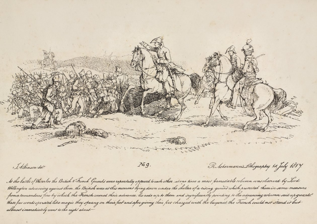 Wellington leitet einen Angriff der Garde gegen eine französische Kolonne bei Waterloo, Lithographie von R. Ackermann, 1815 von John Augustus Atkinson