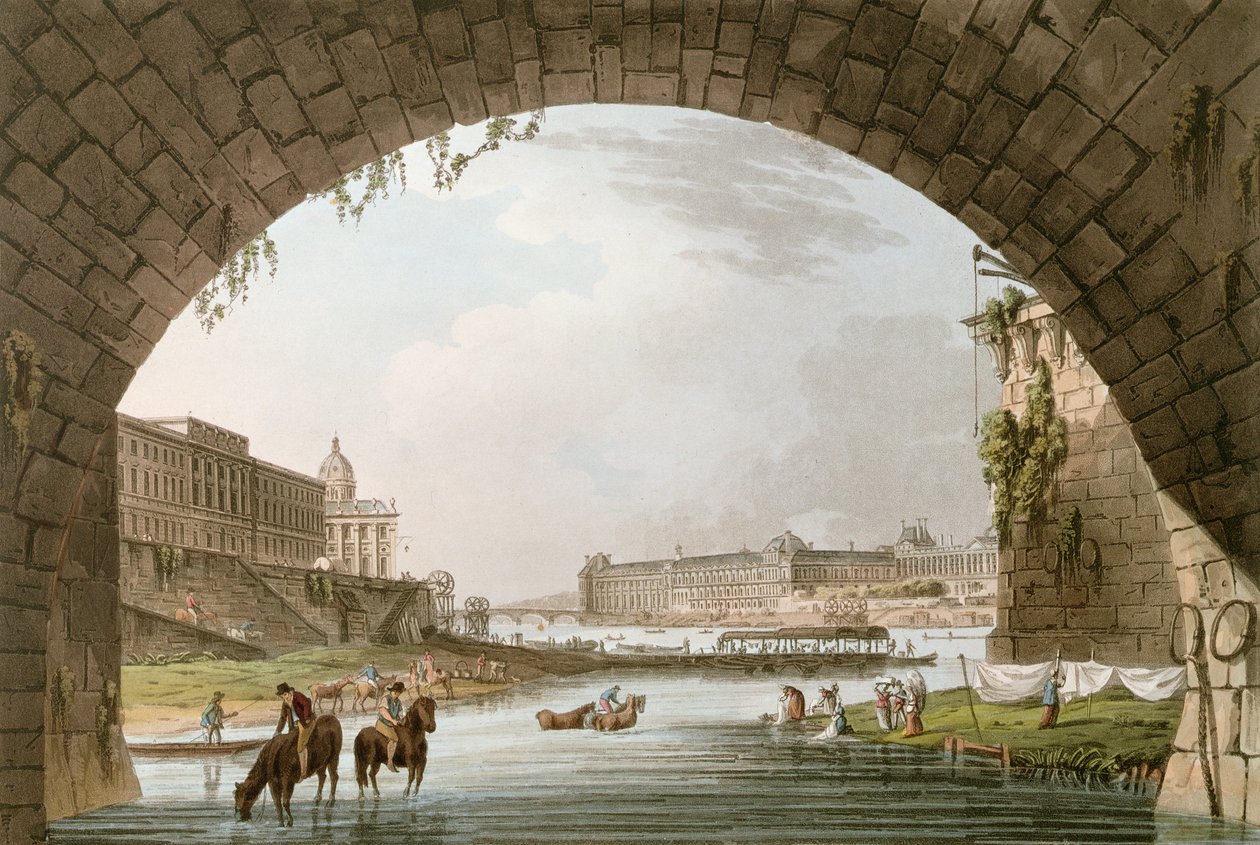 Panorama der Seine vom Pont Neuf aus gesehen, Blick nach Westen zum Louvre, La Monnaie und dem Collège des Quatre Nations, Illustration für 
