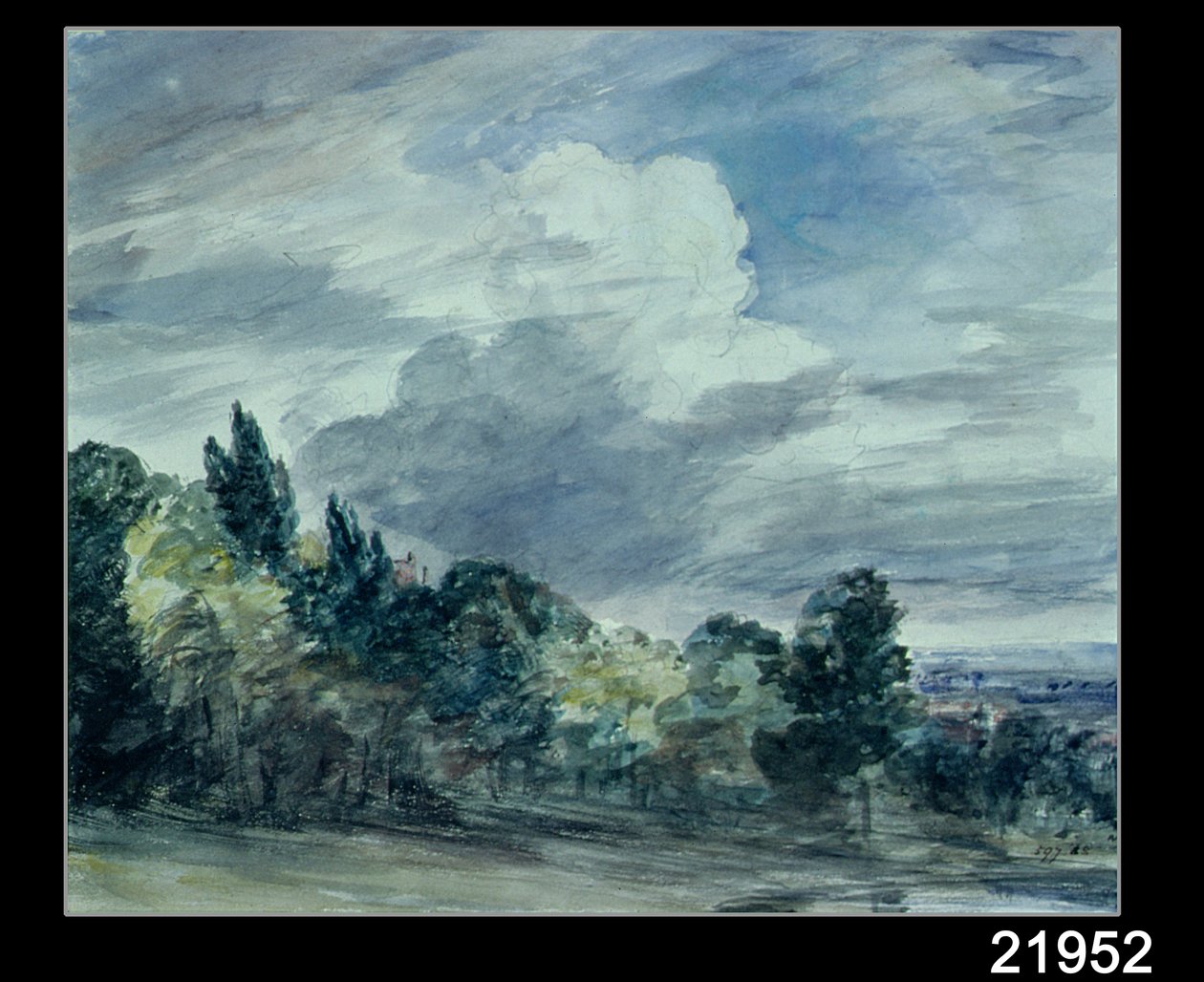 Blick über eine weite Landschaft, mit Bäumen im Vordergrund, September 1832 von John Constable