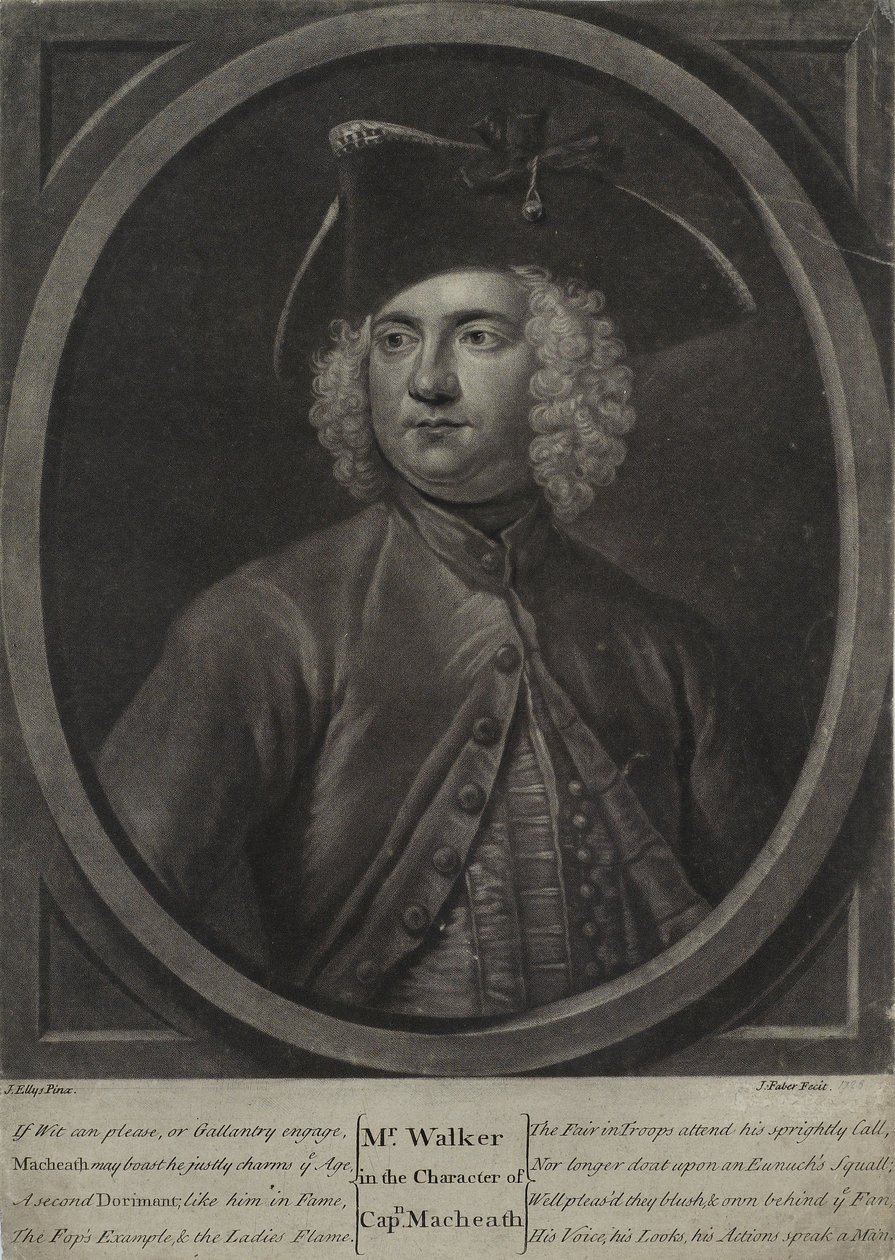 Mr. Walker in der Rolle des Captain Macheath, graviert von John Faber dem Jüngeren, 1728 von John Ellys