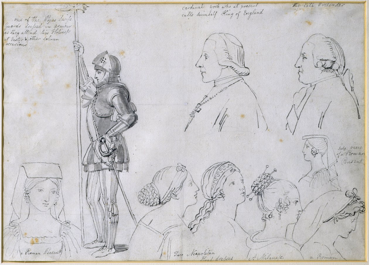 Charakterskizzen in Rom mit Porträts von Prinz Charles Edward Stuart (1720-88) und seinem Bruder Kardinal York (1725-1807) von John Flaxman