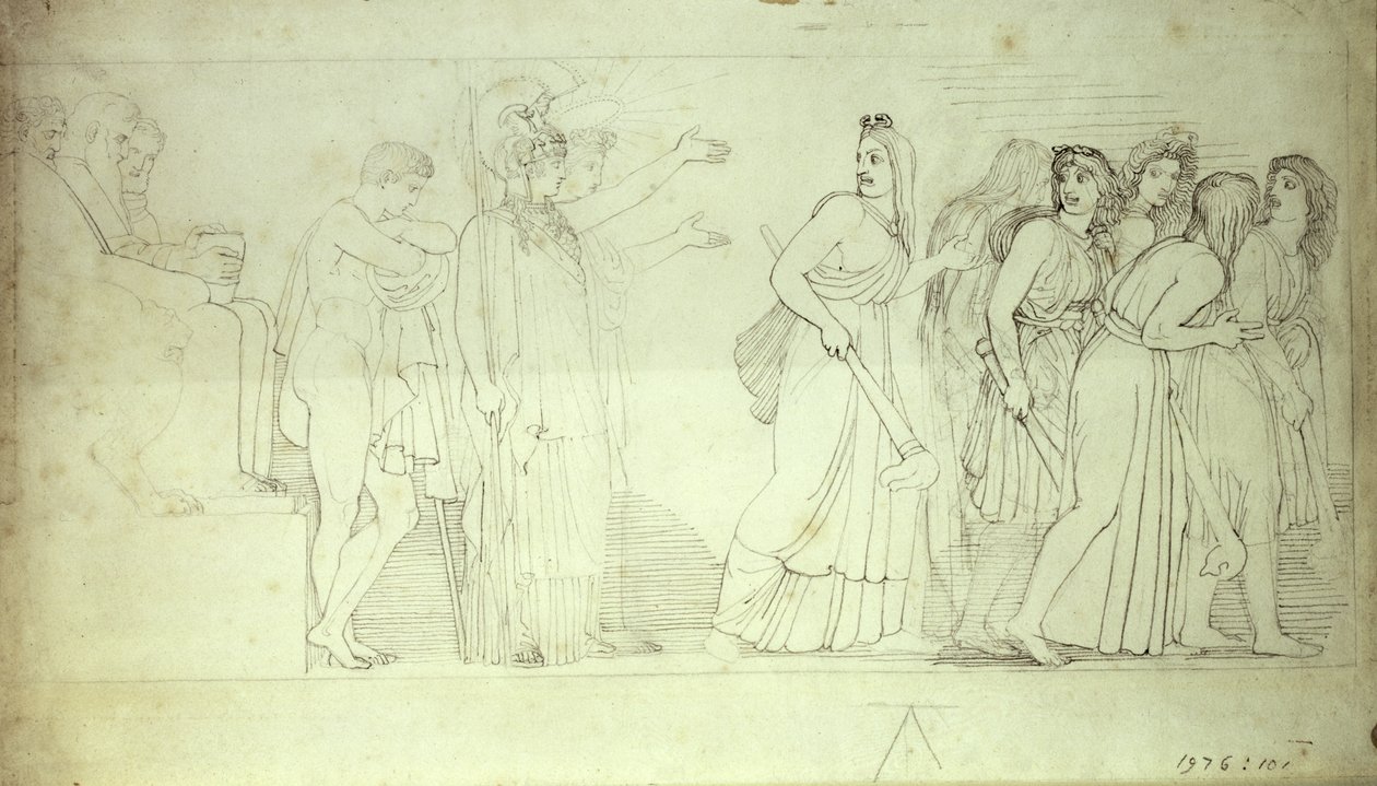 Die Furien verlassen Athena, Apollo und Orestes, 18. Jahrhundert von John Flaxman