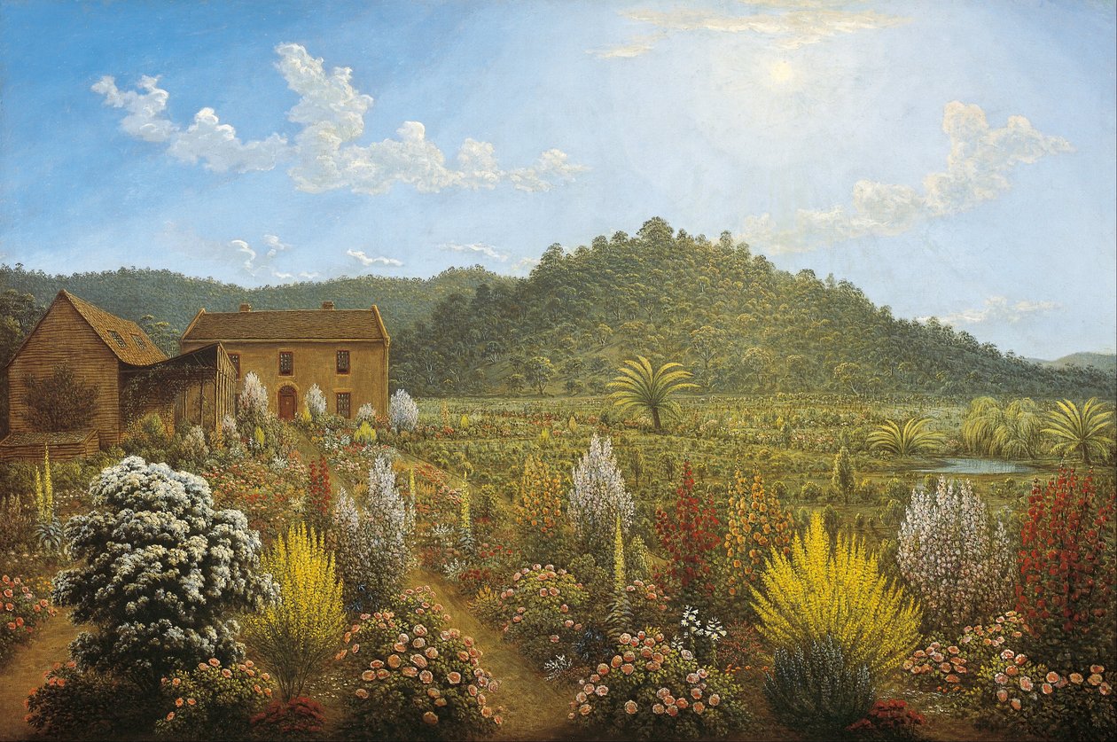 Ansicht des Hauses und Gartens des Künstlers in Mills Plains, Van Diemens Land von John Glover