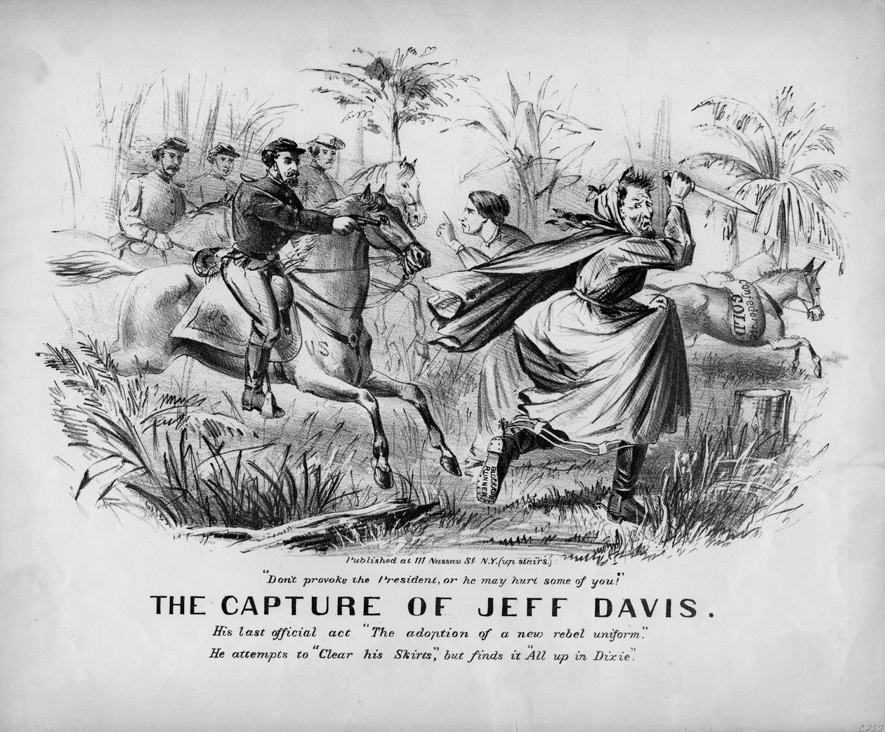 Die Gefangennahme von Jeff Davis: seine letzte Amtshandlung Die Annahme einer neuen Rebellenuniform: er versucht, seine Röcke zu klären, aber findet alles in Dixie verloren, veröffentlicht in New York, ca. 1865 von John Lawrence Giles