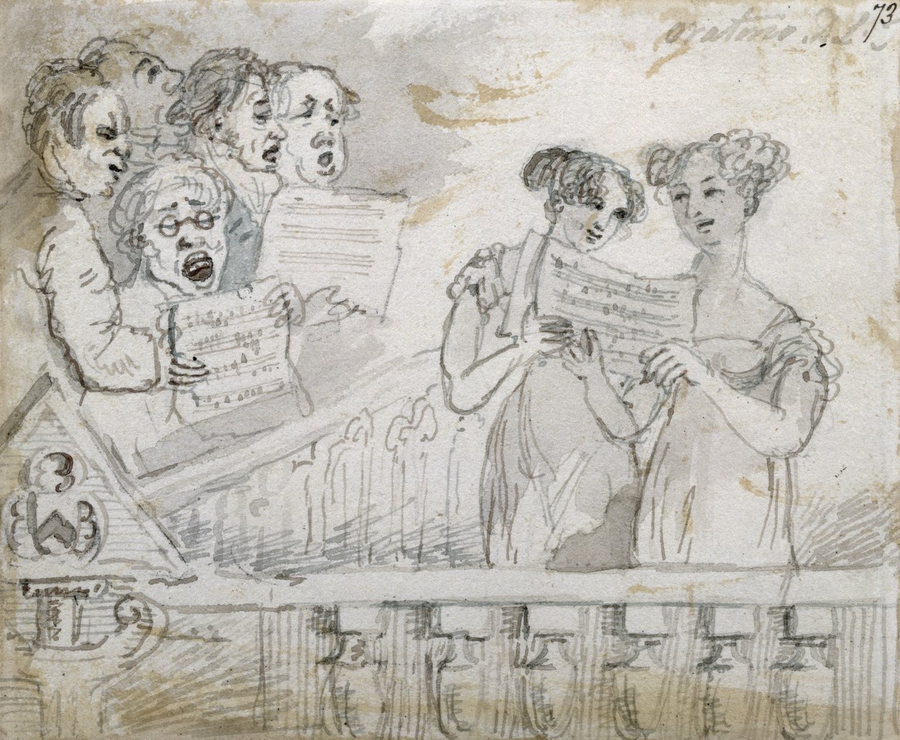 Oratoriumsaufführung im Drury Lane Theatre, Teil eins eines Triptychons, 1814 von John Nixon