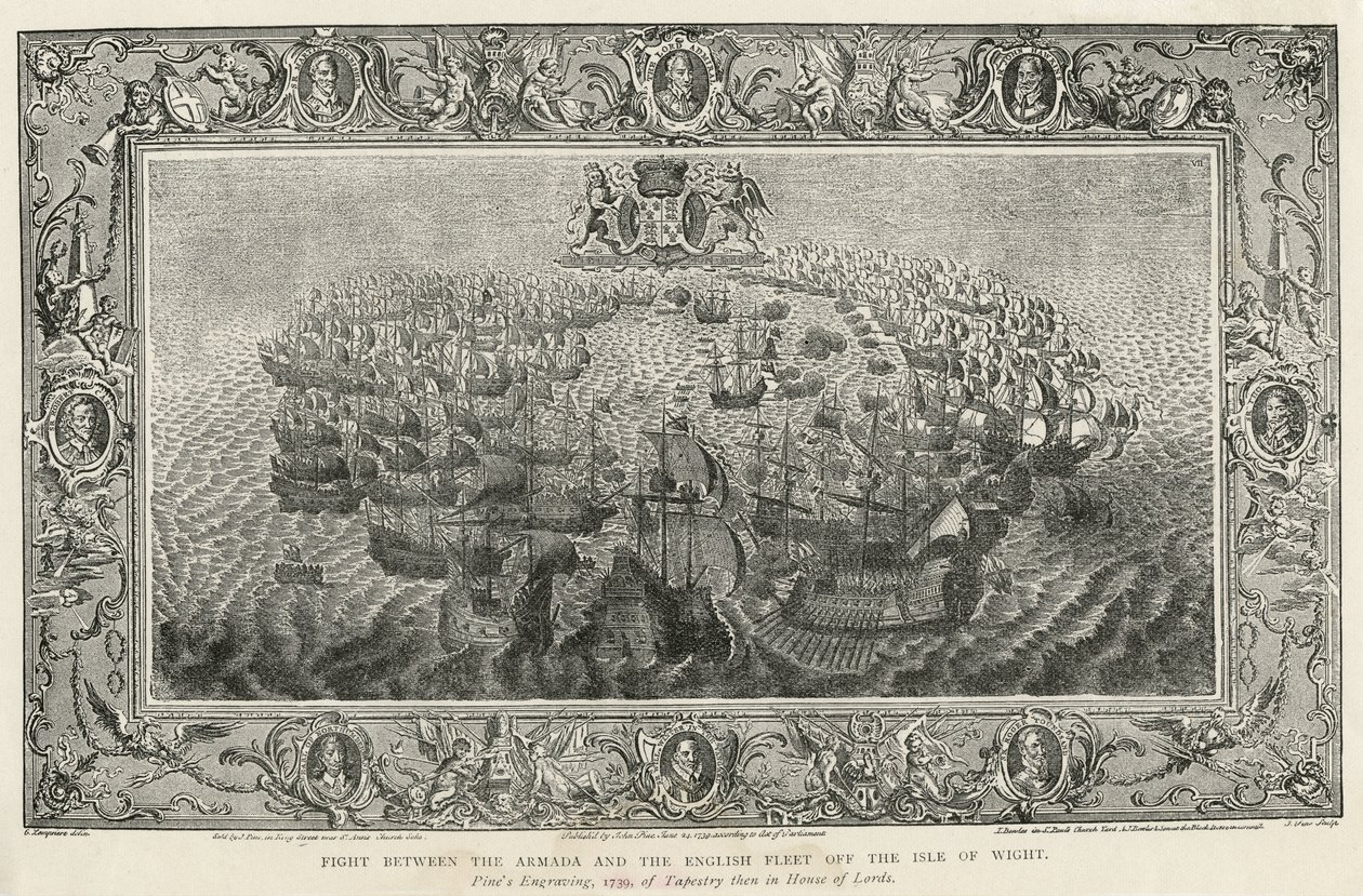 Kampf zwischen der Armada und der englischen Flotte vor der Isle of Wight, 1739 von John Pine