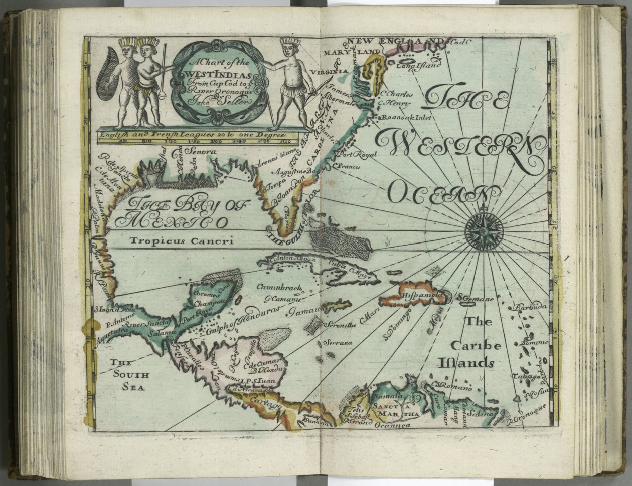 Eine Karte der Westindischen Inseln von Cape Cod bis zum Fluss Oronoque aus dem Atlas maritimus von John Seller, 1682 von John Seller