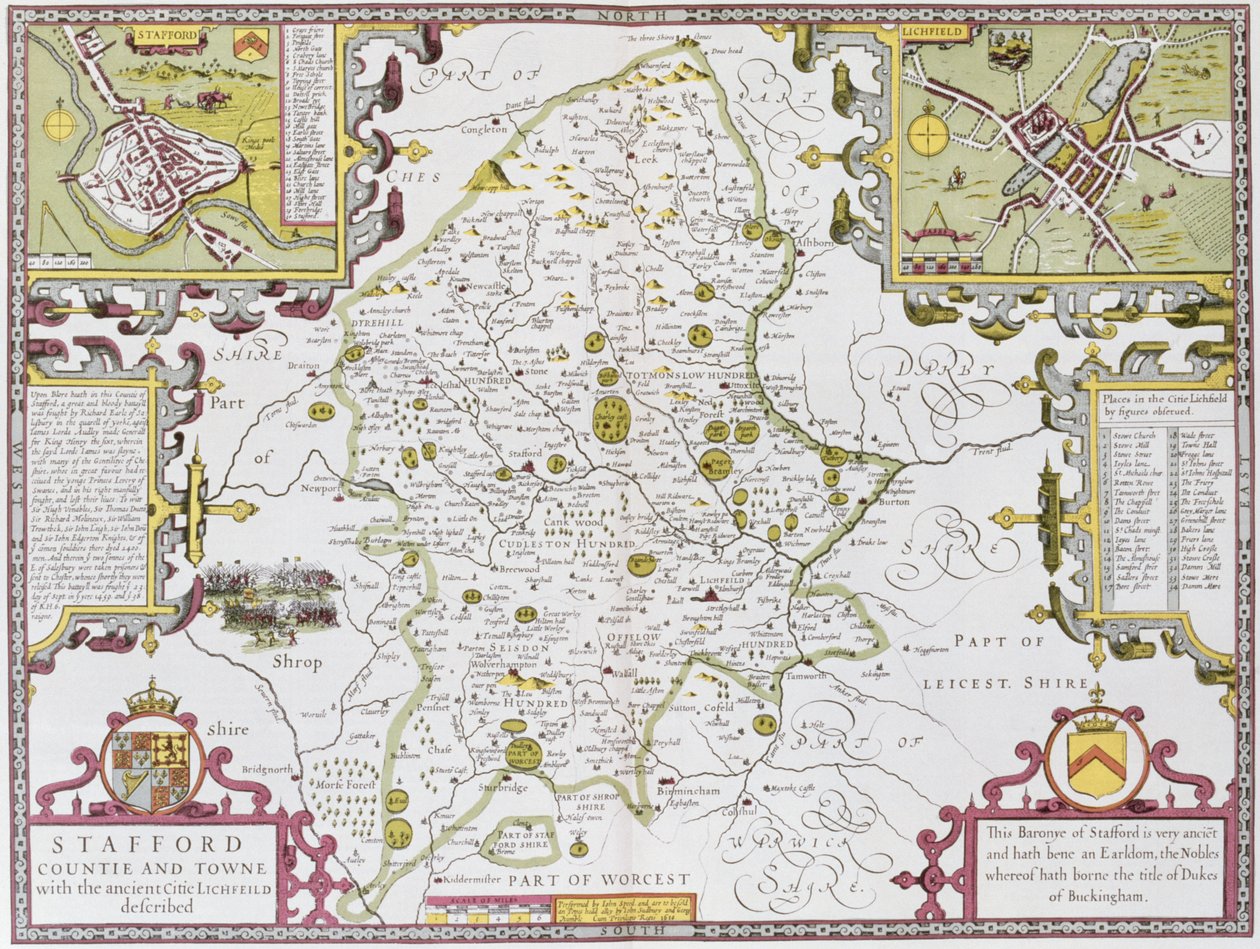 Stafford County und Stadt, graviert von Jodocus Hondius (1563-1612) aus John Speed