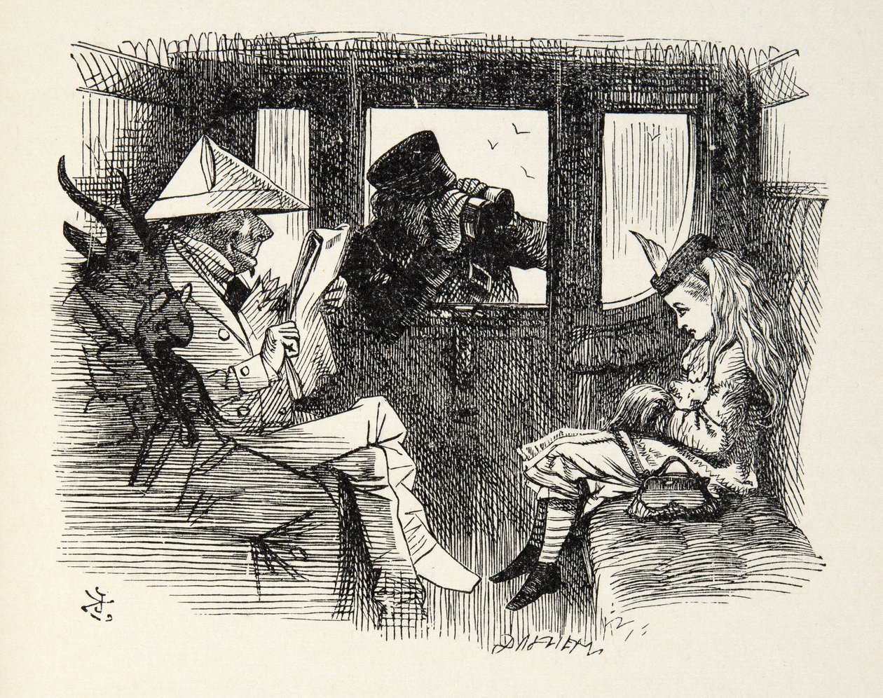 Alice im Zugabteil, Illustration aus Durch den Spiegel von Lewis Carroll, 1872 von John Tenniel