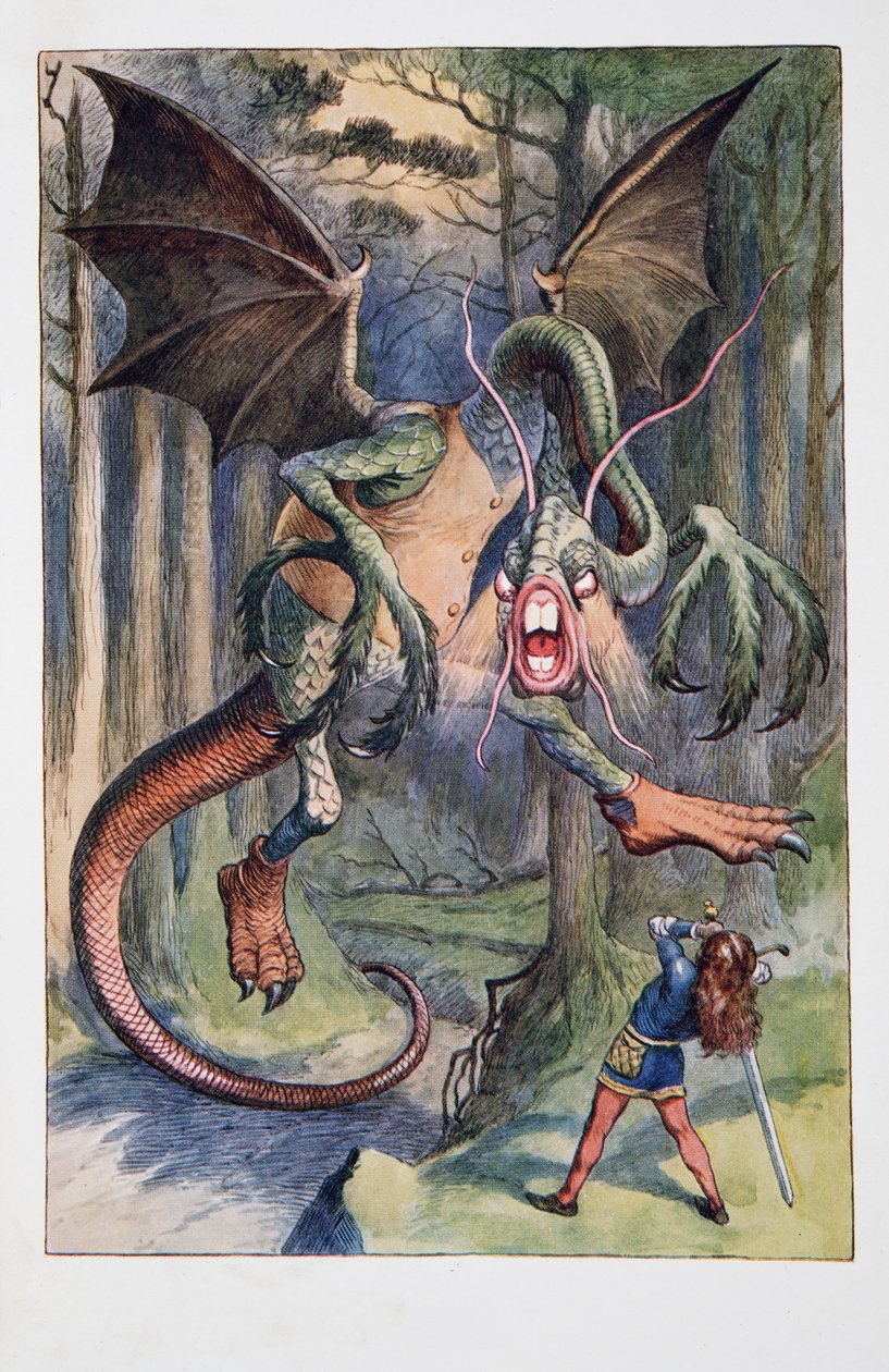 Der Jabberwock, mit flammenden Augen, kam durch den Tulgey-Wald, Alice im Wunderland und Durch den Spiegel und was Alice dort fand, von Lewis Carroll, veröffentlicht 1911 von John Tenniel
