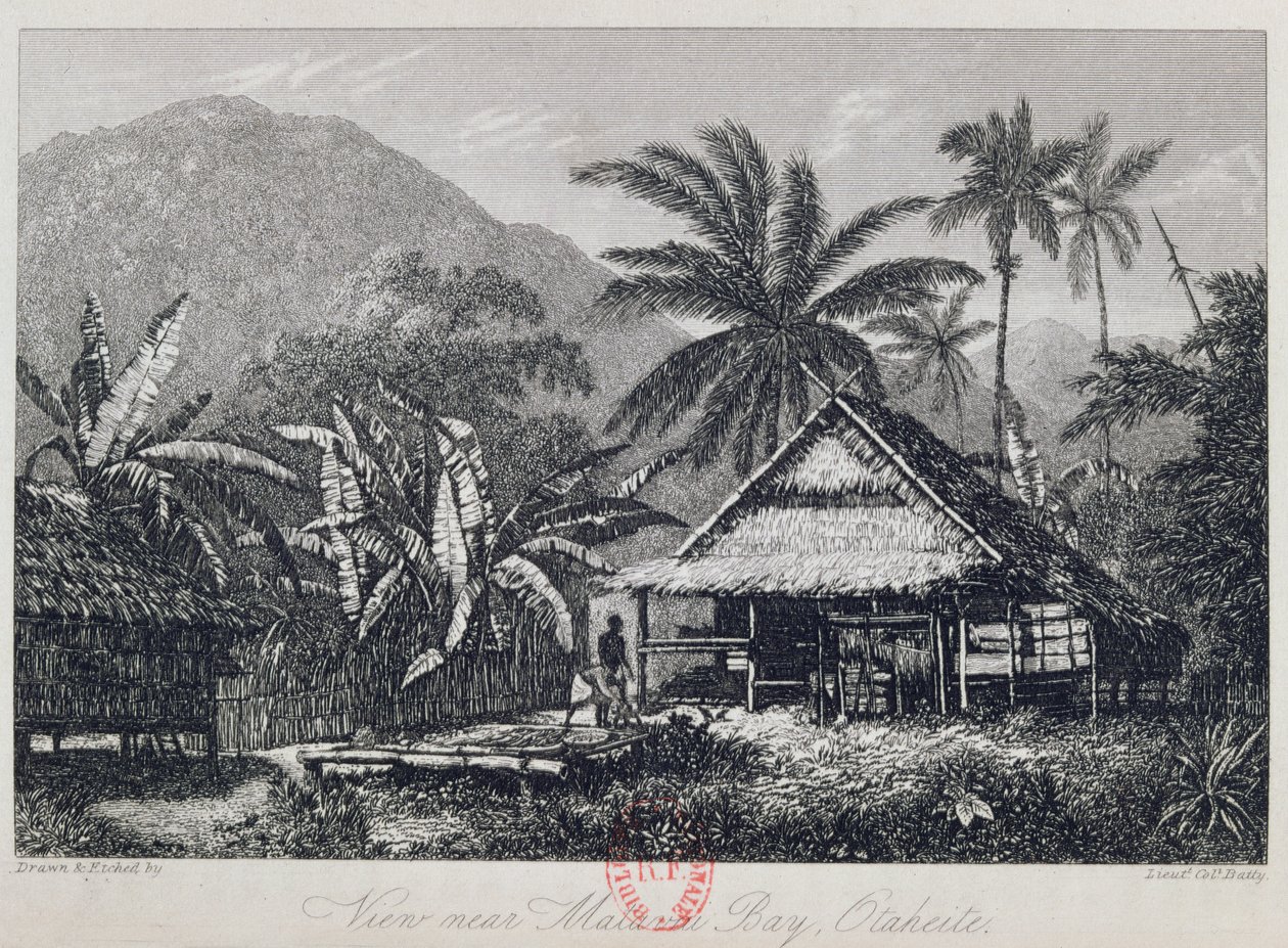 Blick in der Nähe der Matavai-Bucht, Otaheite, graviert von Lieutenant Colonel Batty, aus einem Bericht über die Reise der HMS Bounty von John Barrow, 1835 von John Webber
