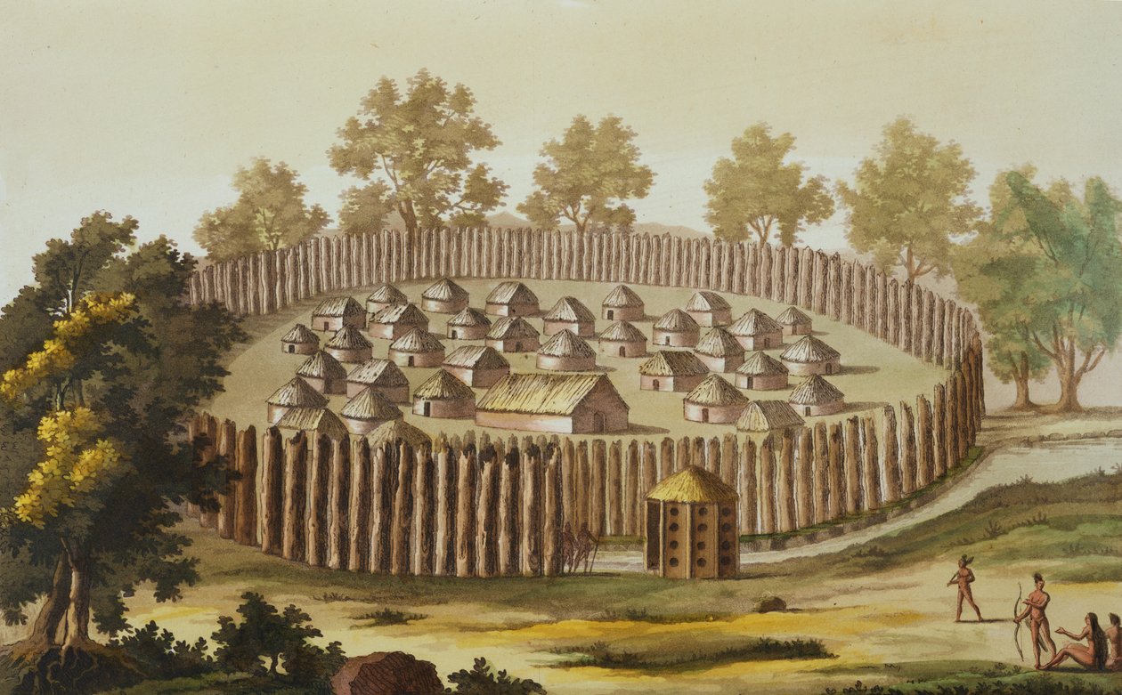 Dorf eines indigenen Stammes in Florida, graviert von Gerolamo Fumagalli von John White