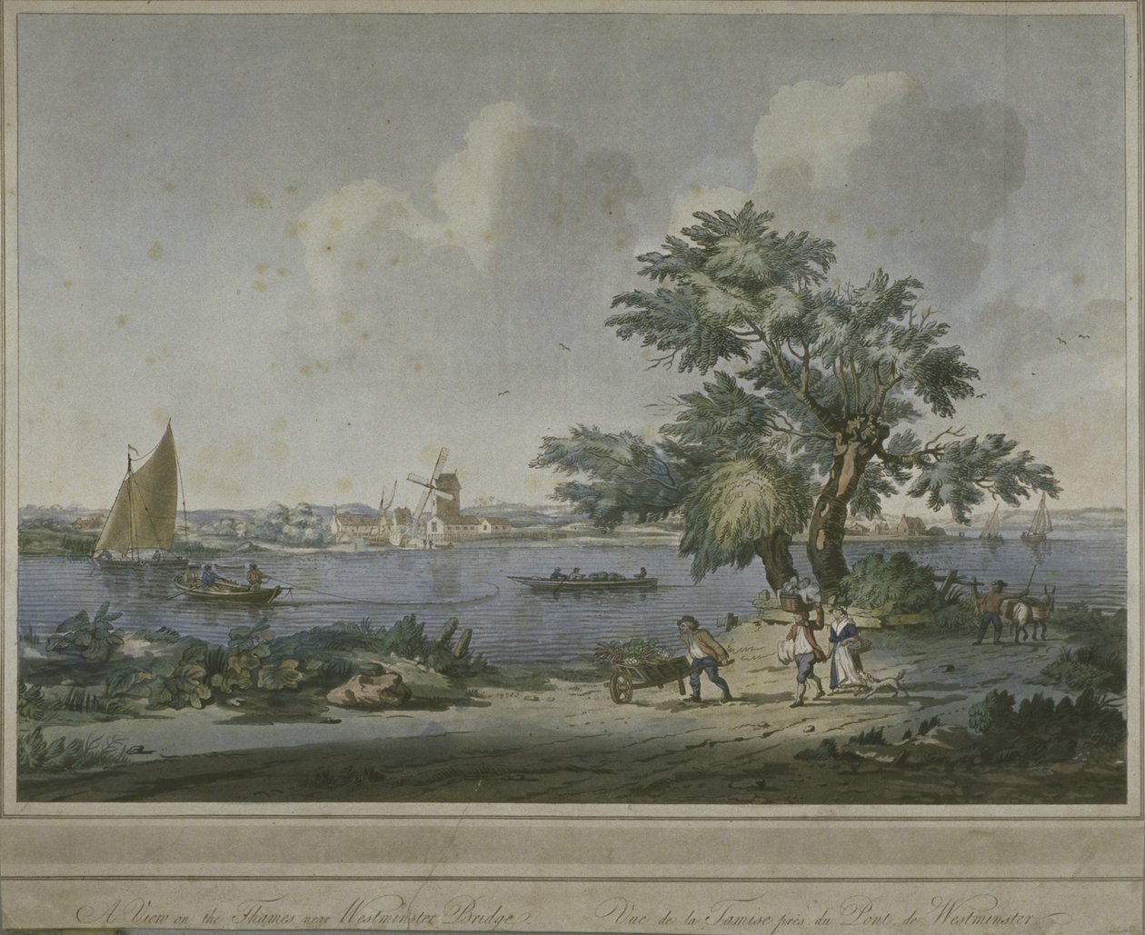 Ansicht von Figuren, die Gemüse entlang des Ufers der Themse transportieren, 1787 von John the Elder Cleveley
