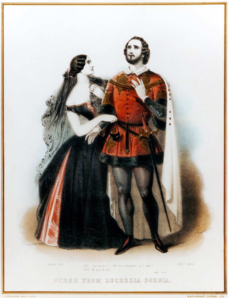 Gaetano Donizettis Oper Lucrezia Borgia - Einführung in Szene II mit Mario (italienischer Tenor: 1810-1883) und Grisi (1811-1869) in London, HM Theaterproduktion, 6. Juni 1839 von John (after) Brandard
