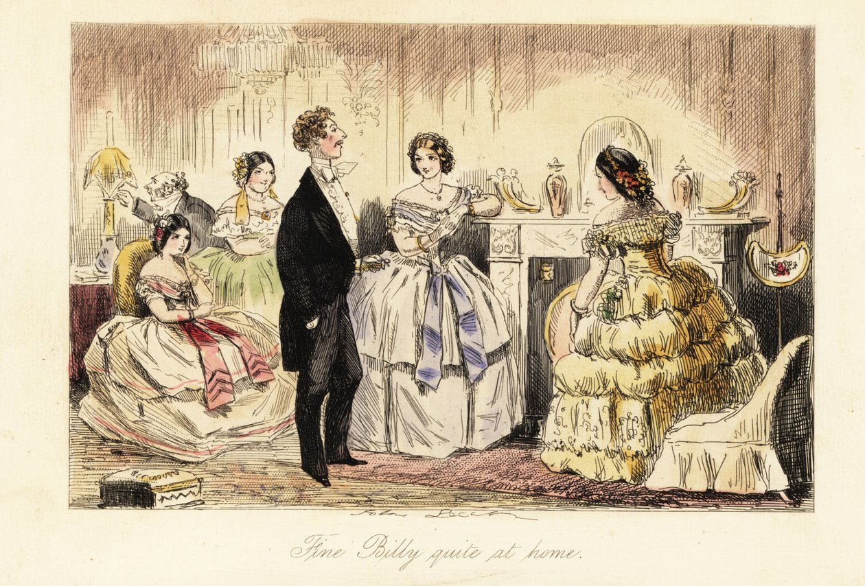 Englischer Gentleman besucht eine Dame und ihre Töchter in einem Wohnzimmer von John (after) Leech