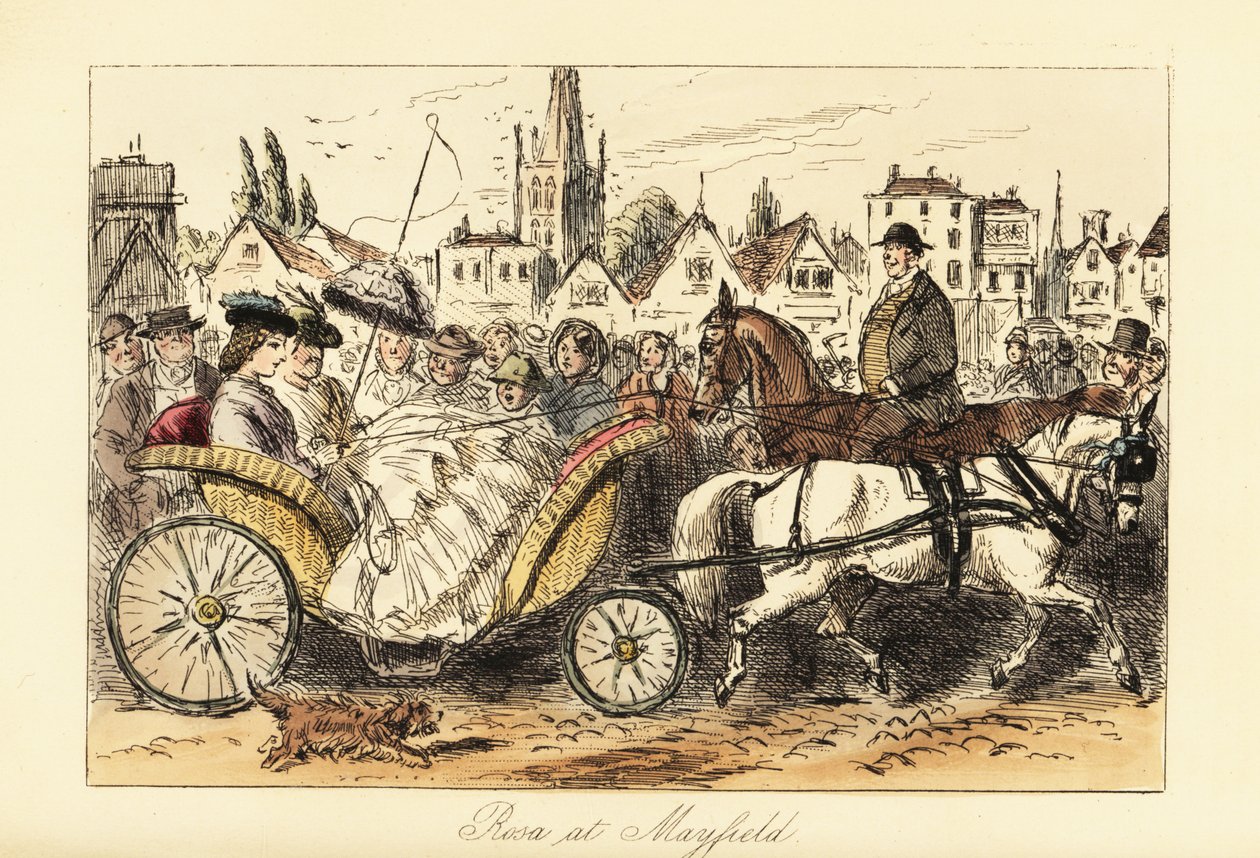 Englische Dame im Reifrockkleid mit Sonnenschirm fährt in einem von Ponys gezogenen Korbwagen durch die belebten Straßen einer kleinen Stadt von John (after) Leech