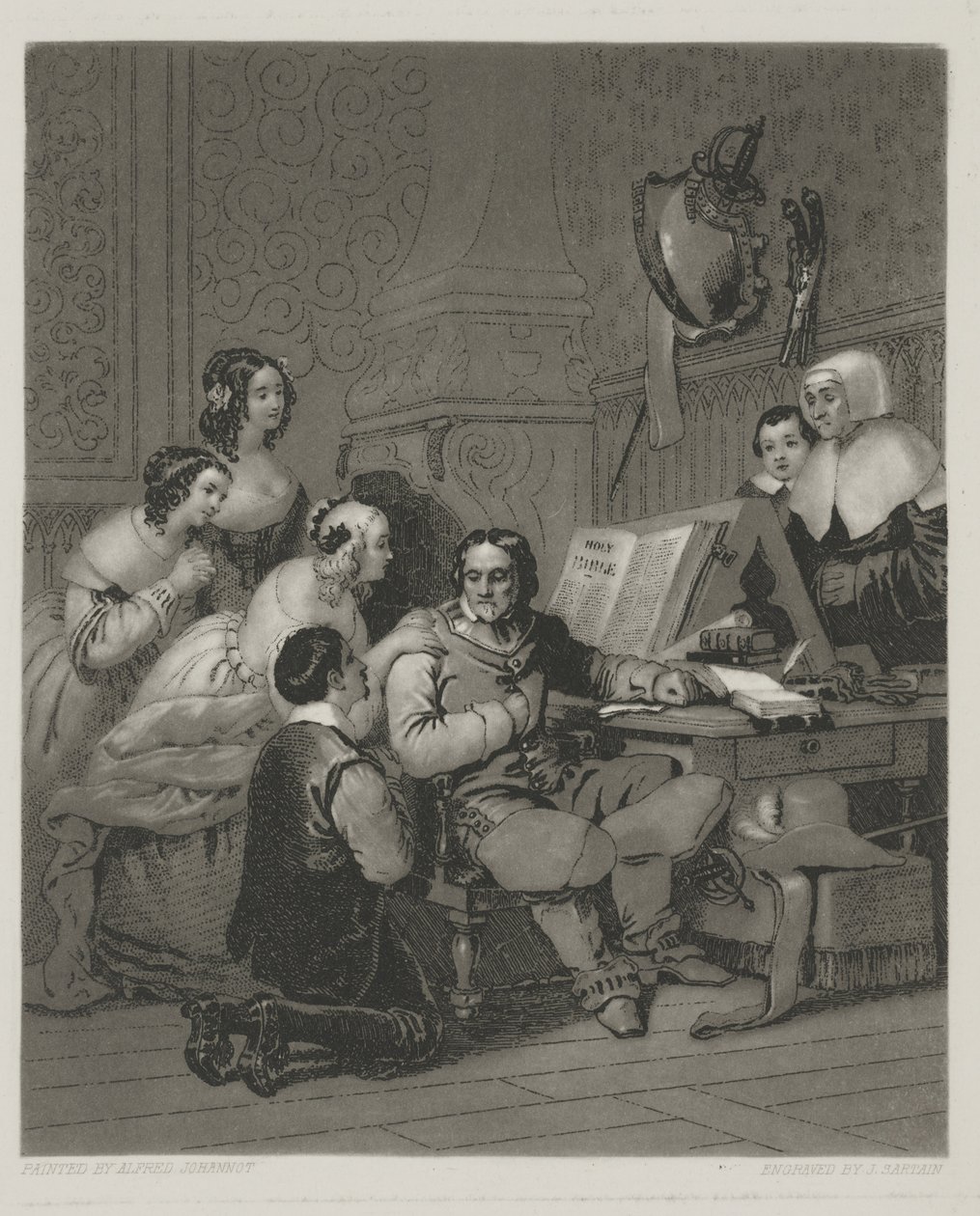 Die Familie Cromwell bittet um das Leben von Karl I., Druck von Alfred Johannot von John (after) Sartain