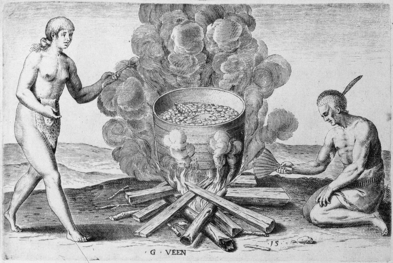 Kochen in einem Topf, Gravur von Gysbert van Veen (1562-1628) von John (after) White