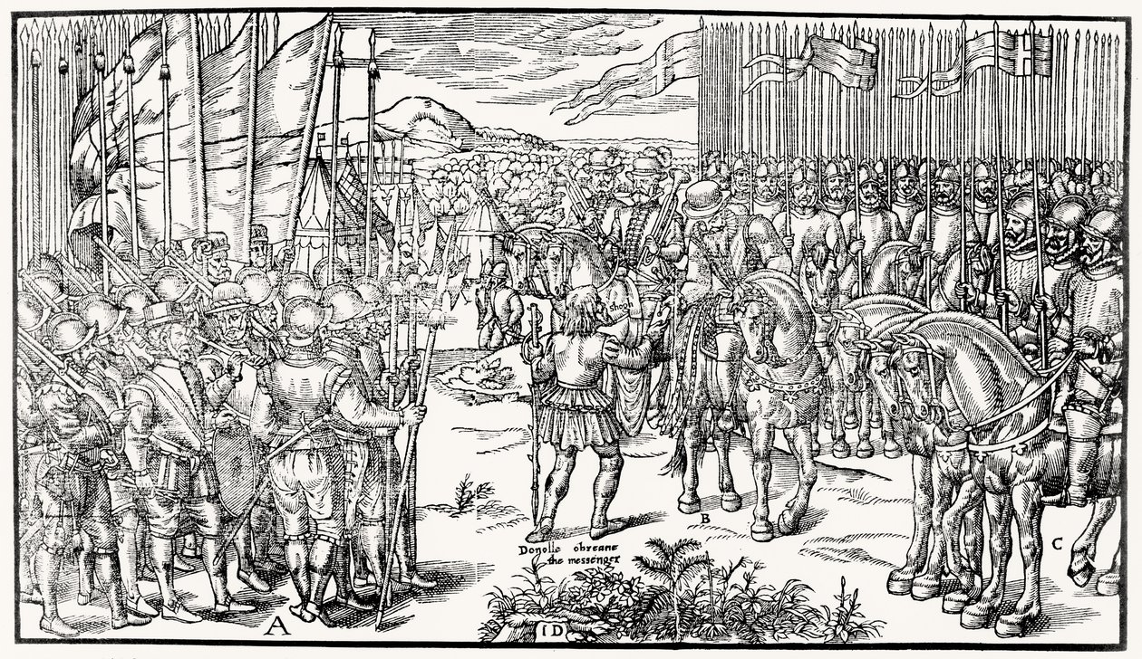 Die englische Armee wird zur Schlacht aufgestellt, während Sidney selbst mit einem trotzigen Boten der Iren verhandelt, Platte 7 aus 