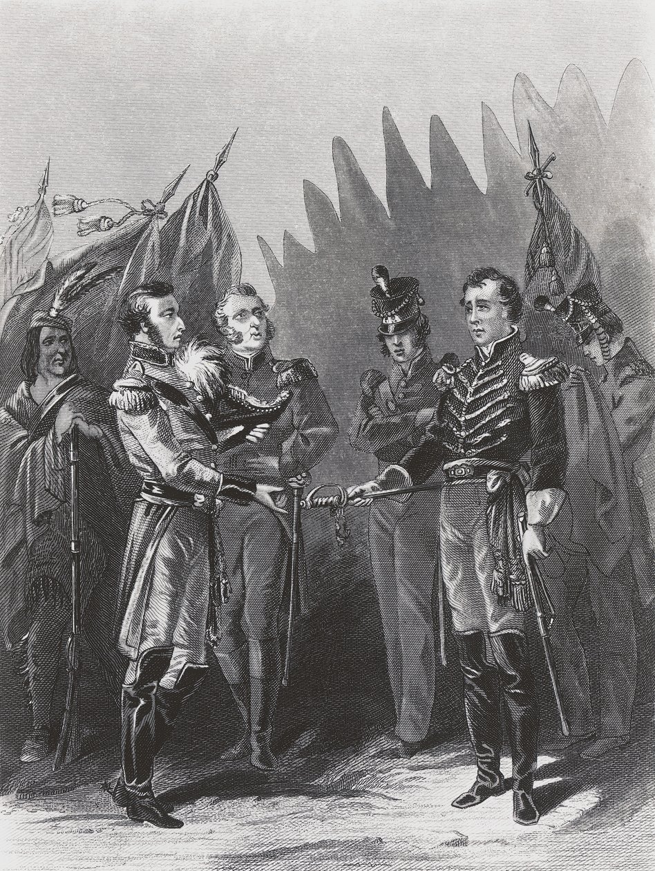 Die Kapitulation des amerikanischen Generals William Hull an britische Truppen und indianische Krieger in Detroit, 15. Juli von Walter Charles Mills