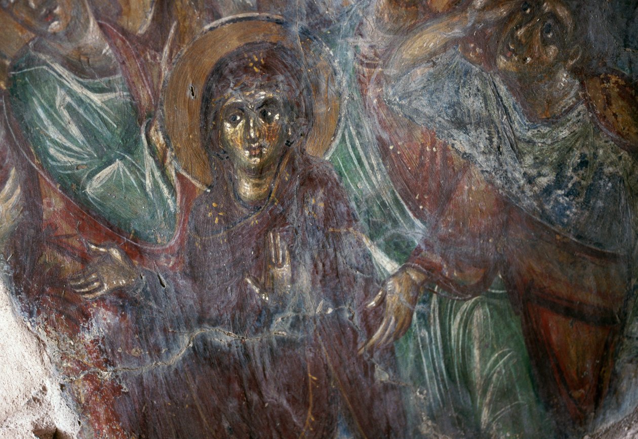 Fresko eines Heiligen in der byzantinischen Kirche Ayios Stephanos, Drakona, Kreta, Griechenland von Walter Charles Mills