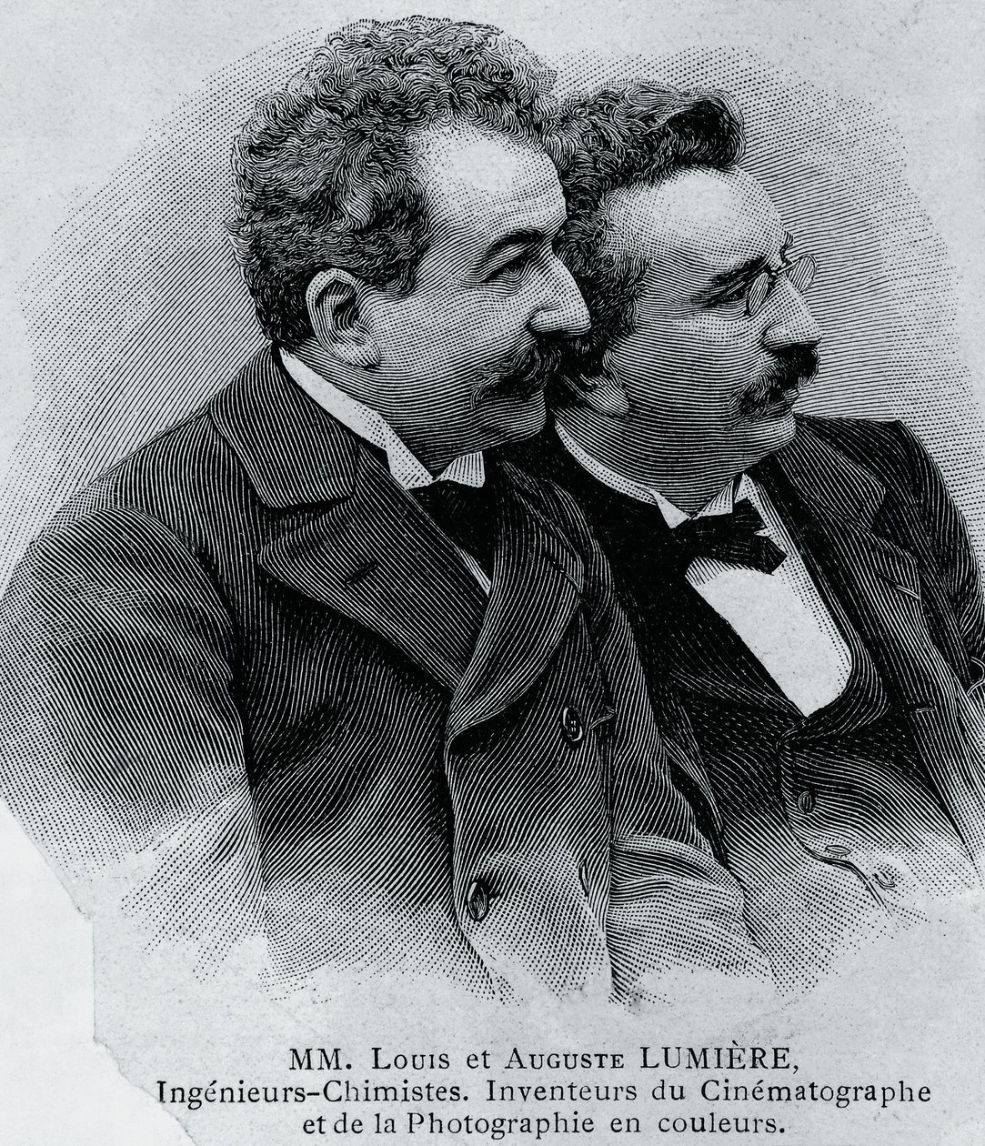 Porträt von Auguste Marie Louis Nicolas Lumiere (1862-1954) und Louis Jean Lumiere (1864-1948), französische Unternehmer und Erfinder des Filmprojektors, Gravur nach Fotografie von Walter Charles Mills
