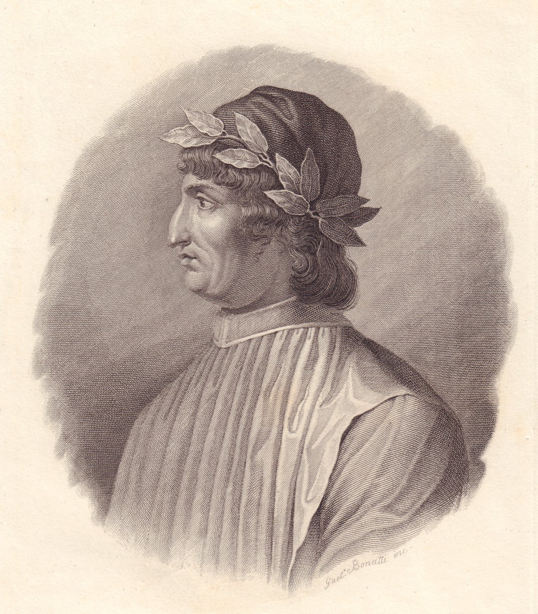 Porträt des italienischen Dichters und Humanisten Angelo Ambrogini, auch bekannt als Poliziano (1454-1494), Kupferstich von G Bonatti von Walter Charles Mills