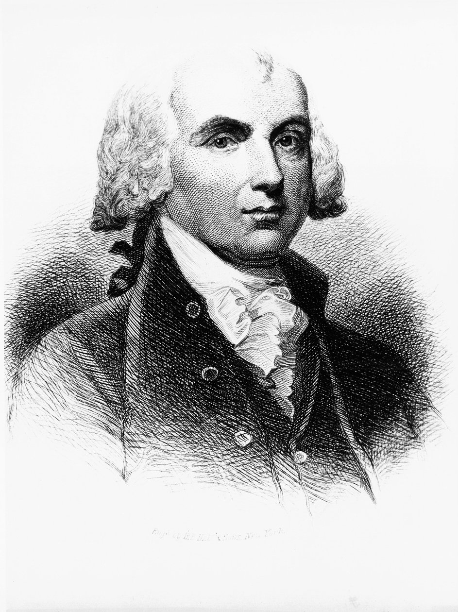Porträt von James Madison (1751-1836), Gründervater, amerikanischer Politiker, 4. Präsident der Vereinigten Staaten von 1809 bis 1817 und einer der Väter der Verfassung, Gravur von Walter Charles Mills