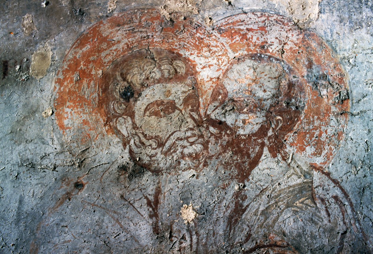 Heilige Petrus und Paulus, Fresko in der Kirche Agios Antonios, Avdou, Kreta, Griechenland von Walter Charles Mills