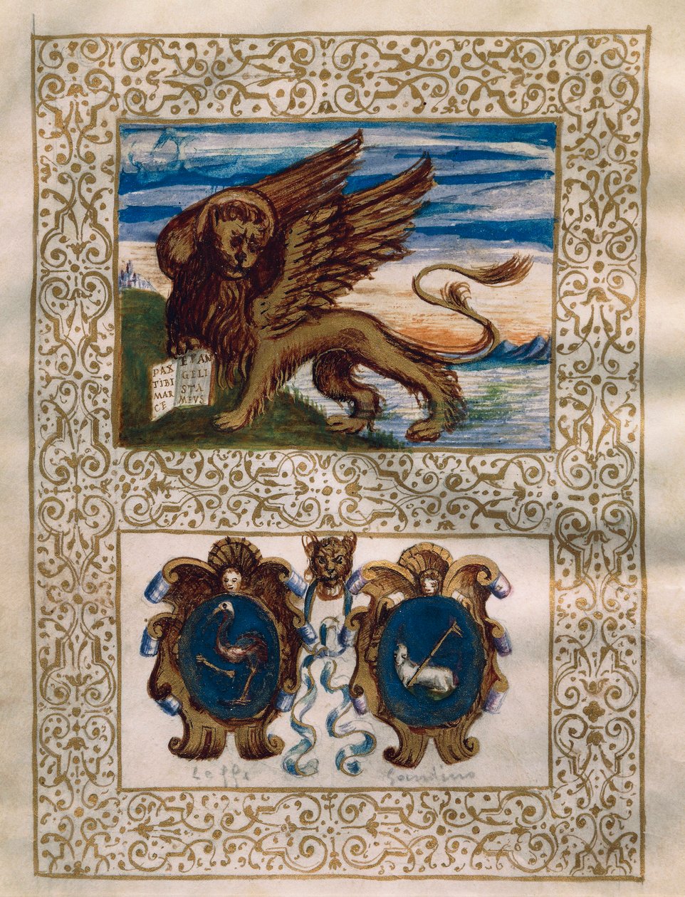 Der geflügelte Löwe von Venedig und die Wappen von Leffe und Gandino, Miniatur aus dem Privilegio della Serenissima alla Val Gandino, 18. Juni von Walter Charles Mills