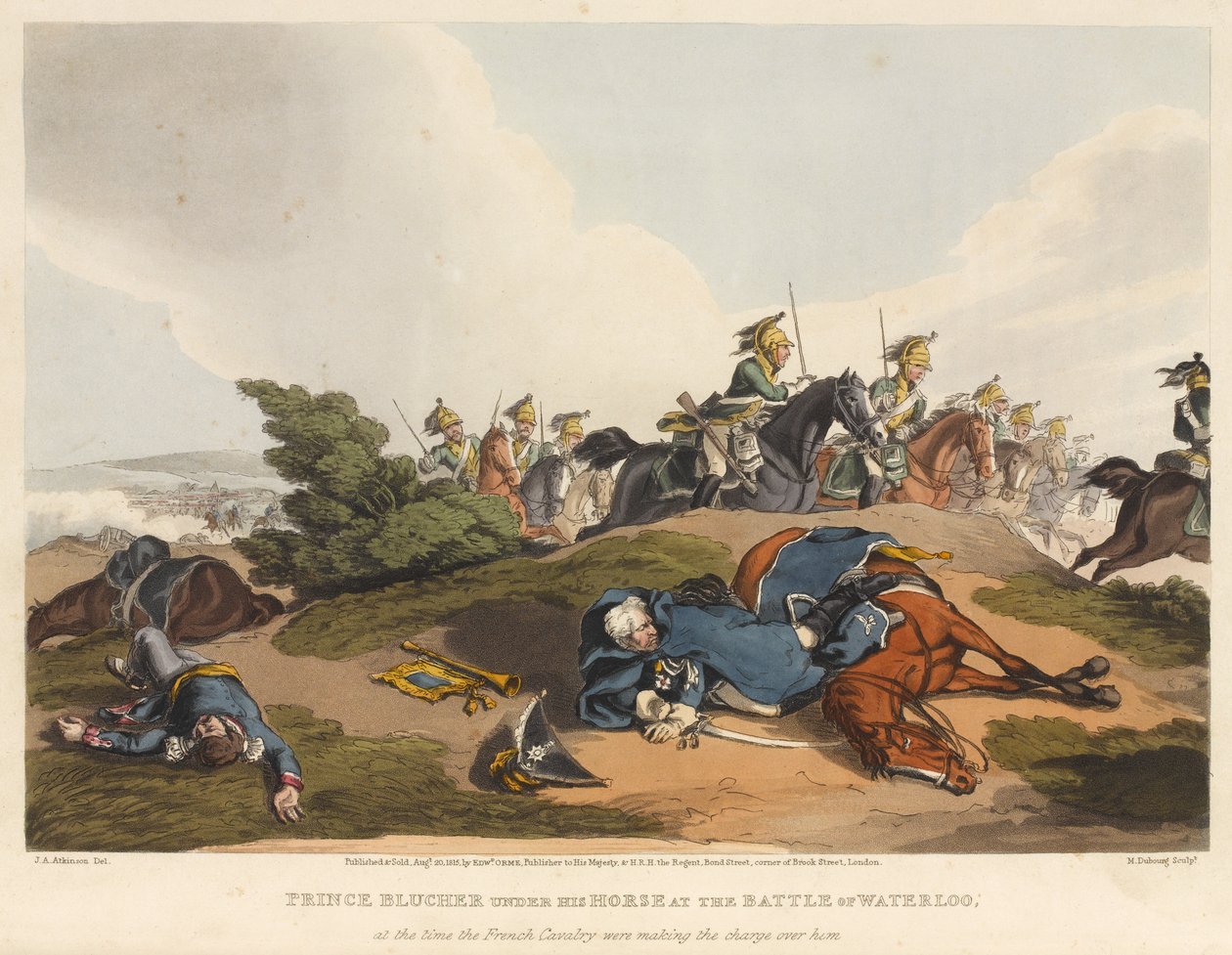 Prinz Blücher unter seinem Pferd in der Schlacht von Waterloo, als die französische Kavallerie über ihn hinweg angriff, graviert von M. Dubourg, 1819 von John Augustus Atkinson