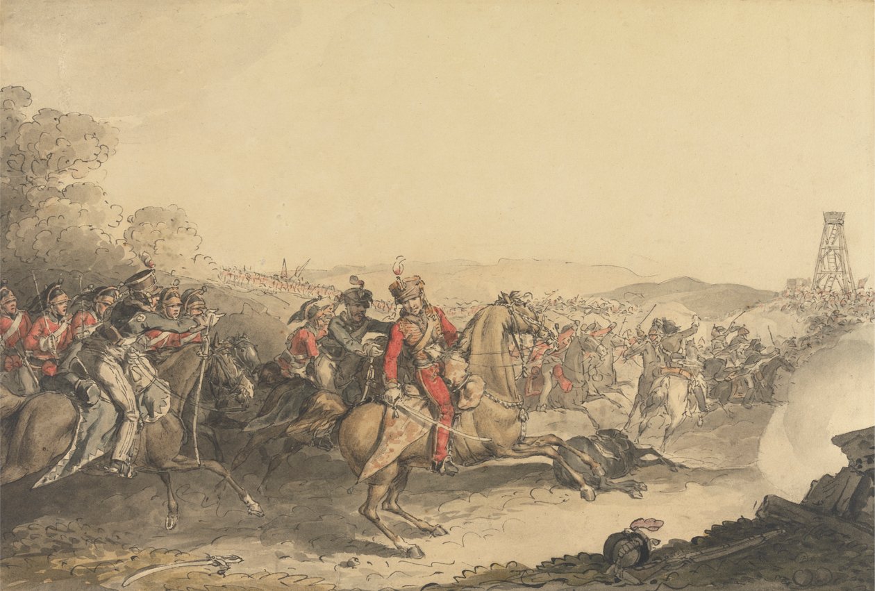 Der Marquis von Anglesea verwundet, während er am Ende der Schlacht von Waterloo eine schwere Kavallerie anführt von John Augustus Atkinson