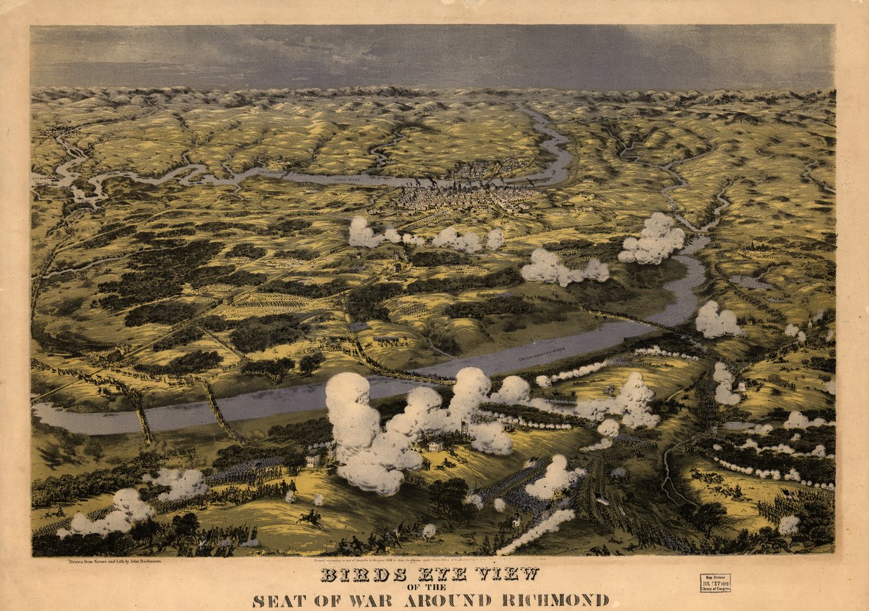 Vogelperspektive des Kriegsschauplatzes um Richmond, Schlacht am Chickahominy River, 29. Juni 1862 von John Bachmann
